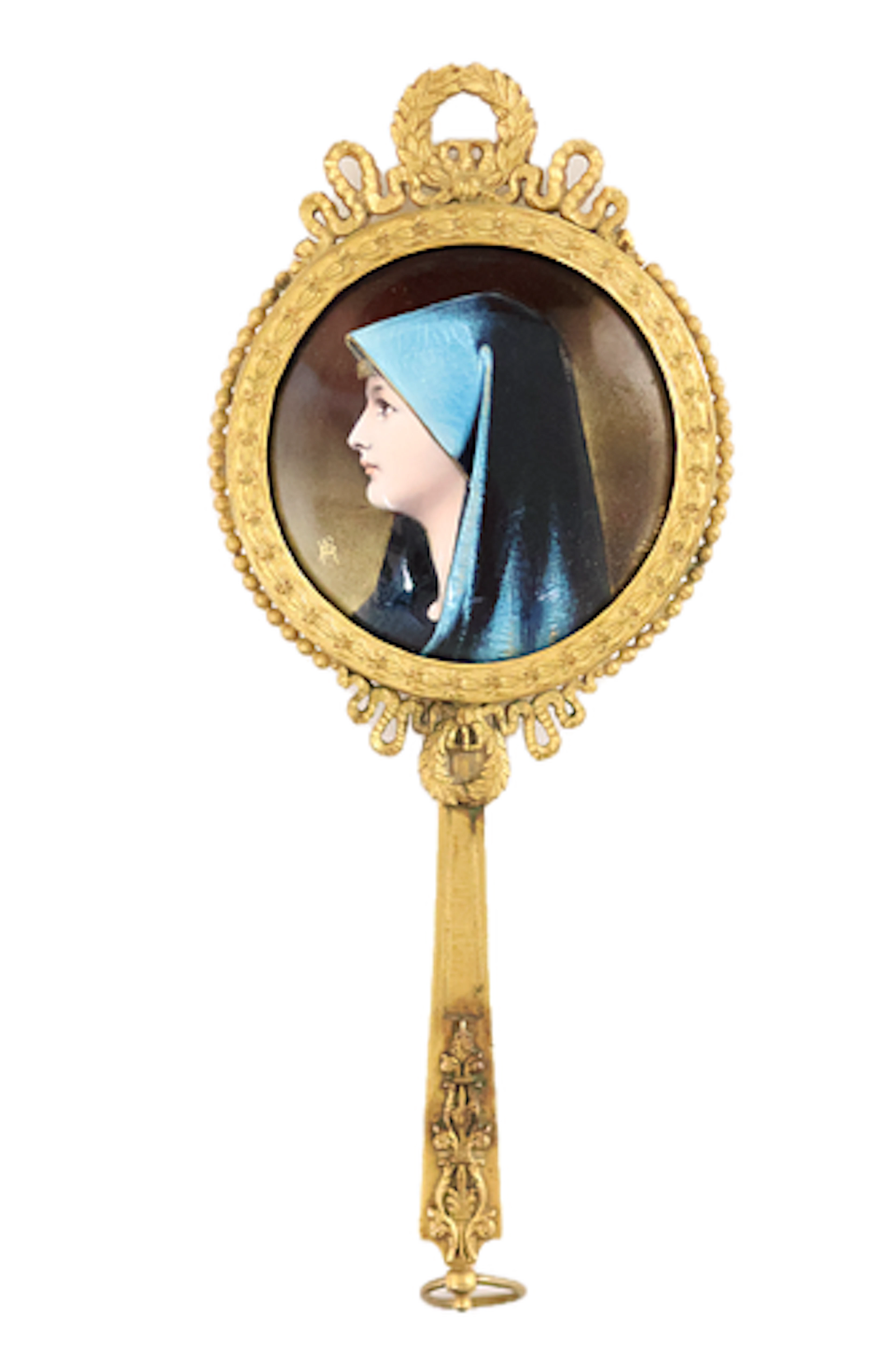 Continental bronze dore & enameled hand-held portrait mirror