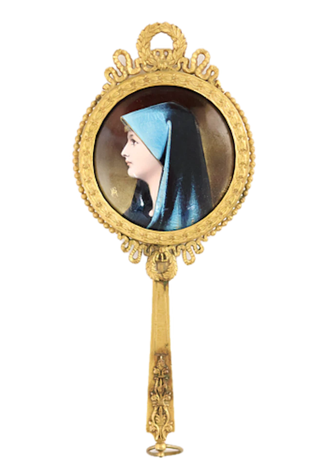 Continental bronze dore & enameled hand-held portrait mirror