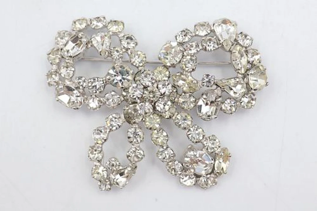 Sherman Bow Shaped Crystal Brooch