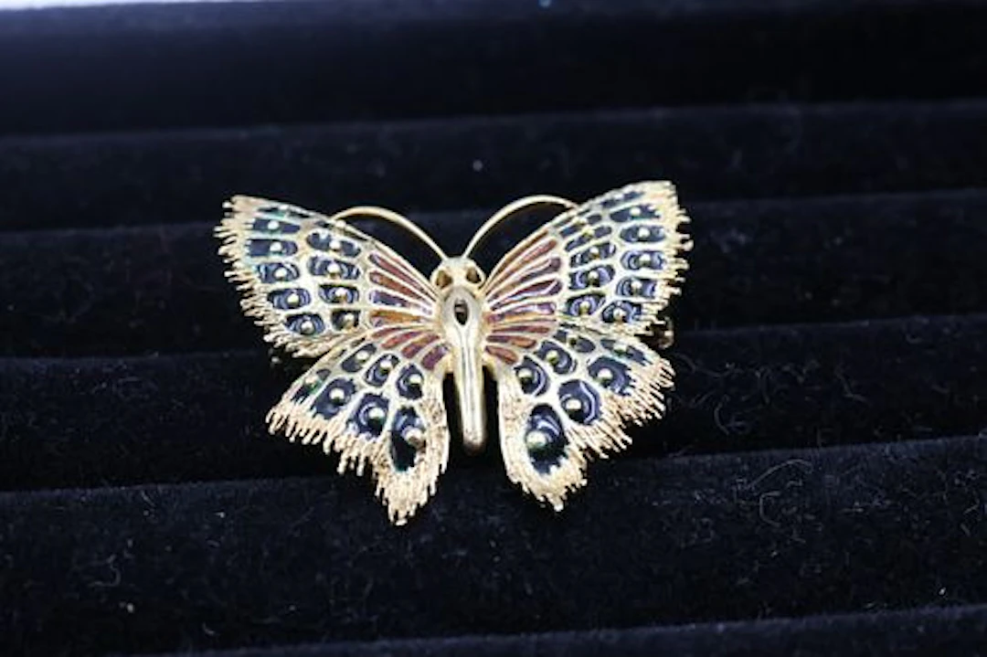 14K Gold & Enamel Butterfly Brooch