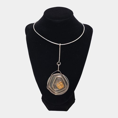 A. Wiltsie Native American Mid Century Modern Sterling Silver Amber Necklace