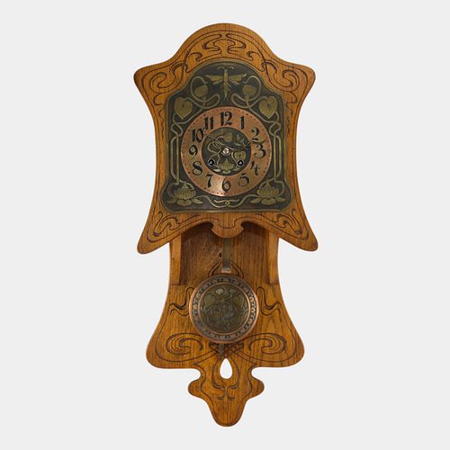 Philipp Hass & Sohne Clock Co. 1900s Art Nouveau Carved Wooden Case Wall Clock