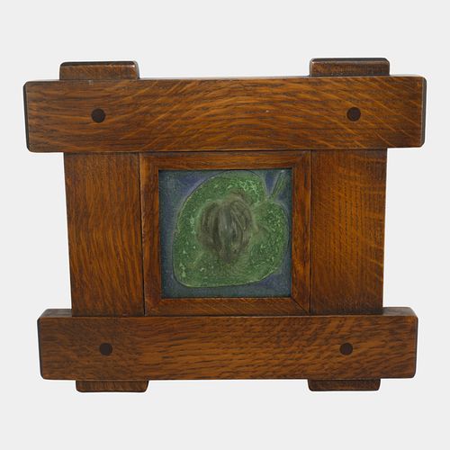 Ephraim Faience 2004 Arts And Crafts Framed Frog on Lily Pad Art Pottery Tile