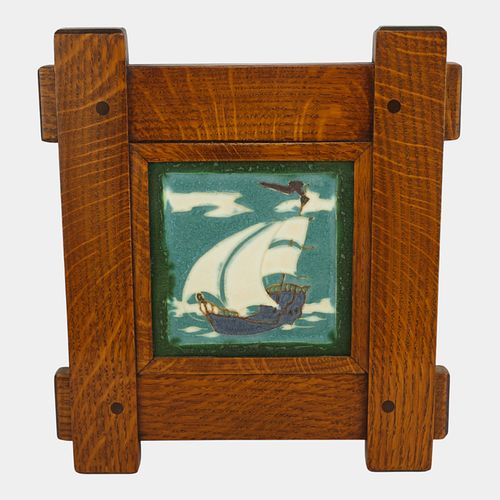 Ephraim Faience 2000 Arts And Crafts Framed North Wind Art Pottery Boat Tile