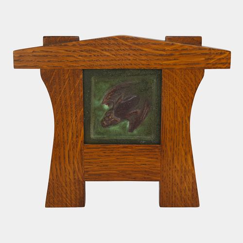 Ephraim Faience 2001 Arts And Crafts Framed Matte Green Bat Art Pottery Tile