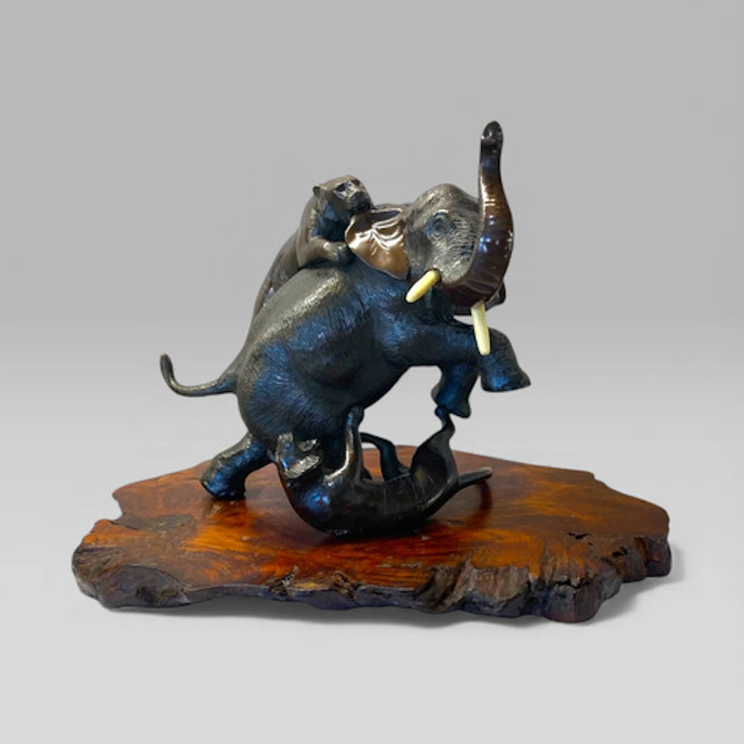 Japanese Meiji Bronze Elephant Fighting Tigers By Tsunemitsu 常光