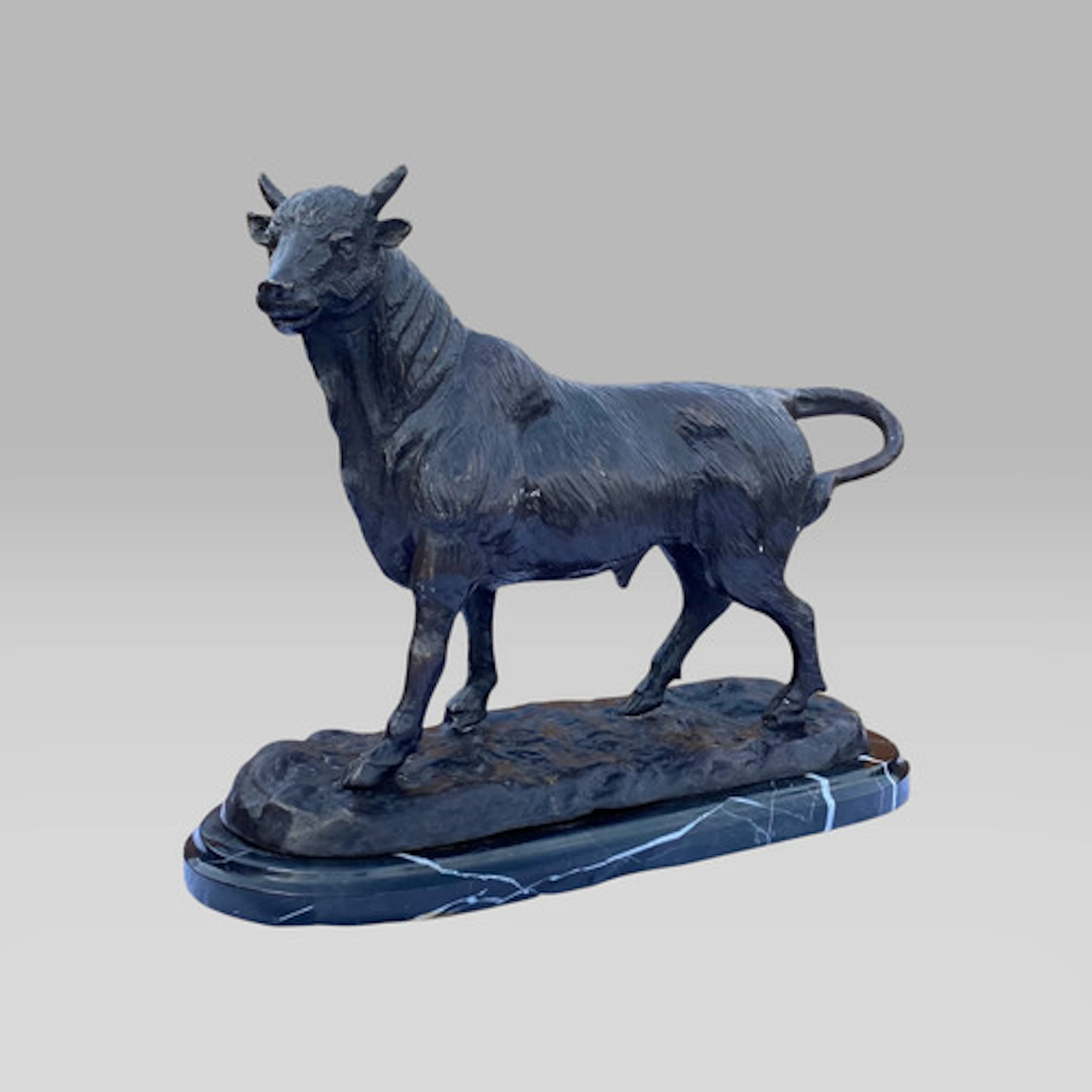 Vintage Bronze Bull Statue With A Marble Base After Barye, C.1960