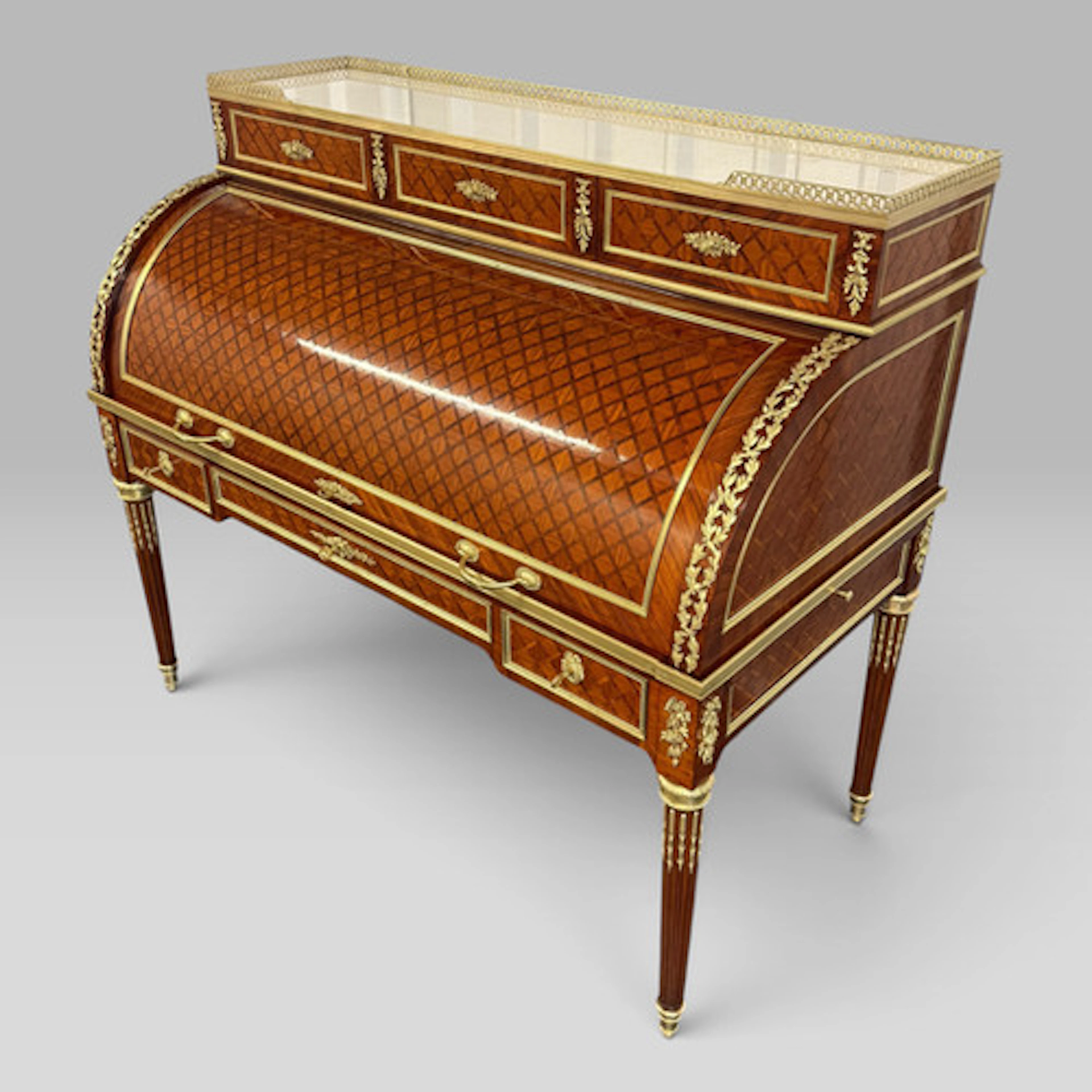 Mid-19th Century French Louis XVI Style Parquetry & Ormolu Cylinder Desk c1869