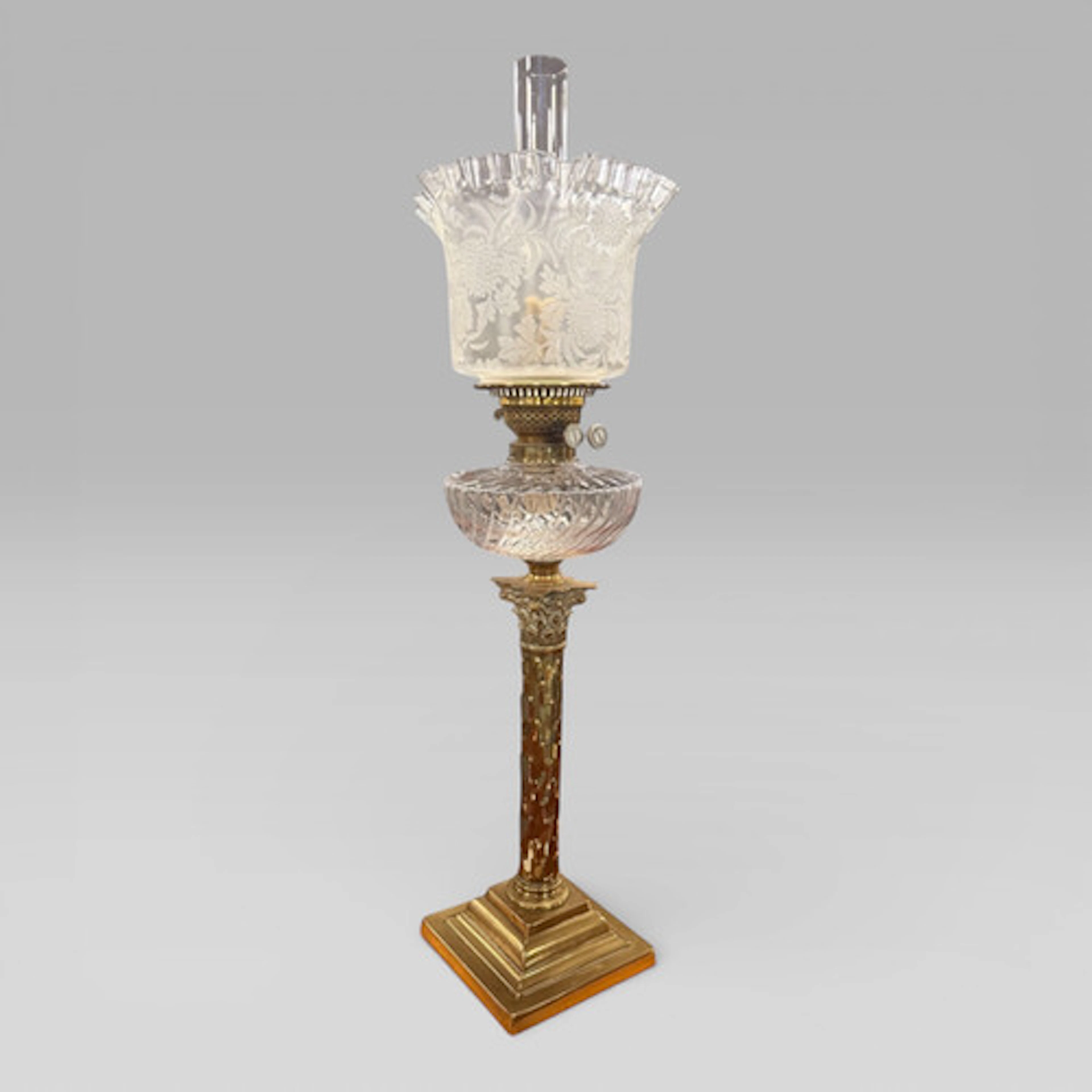 Antique Victorian Duplex Etched Glass Tulip Shade Oil Lamp With Brass Column