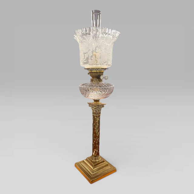 Antique Victorian Duplex Etched Glass Tulip Shade Oil Lamp With Brass Column