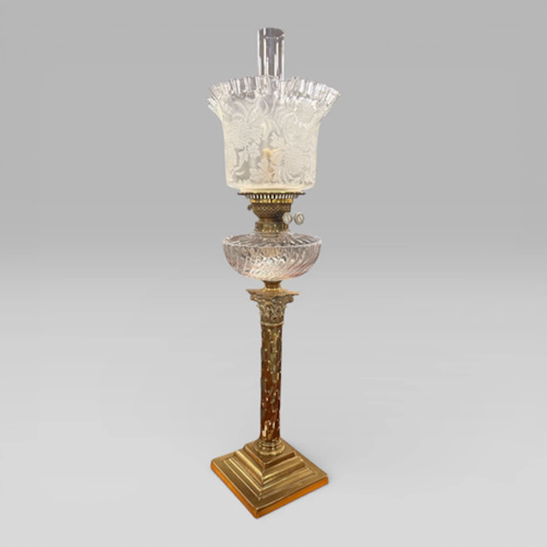 Antique Victorian Duplex Etched Glass Tulip Shade Oil Lamp With Brass Column