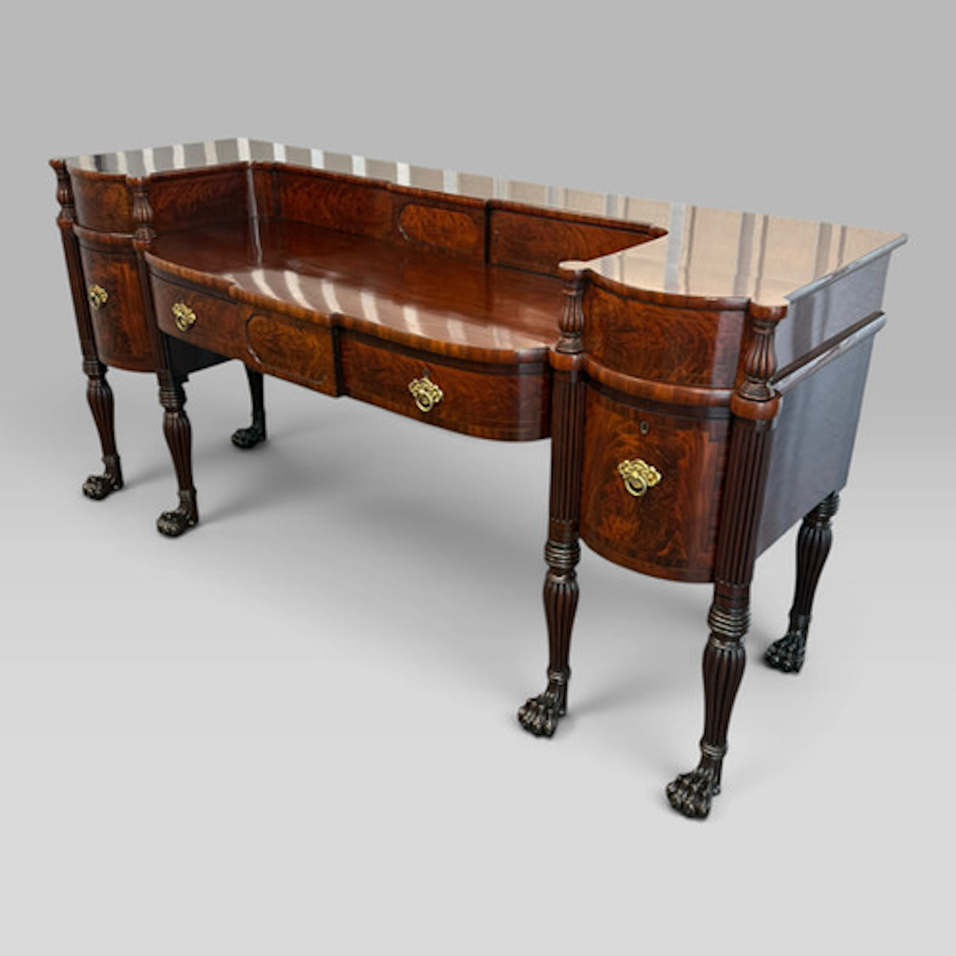Regency Inlaid Flame Mahogany Sideboard with Six Lion Paw Feet, c.1811–1820