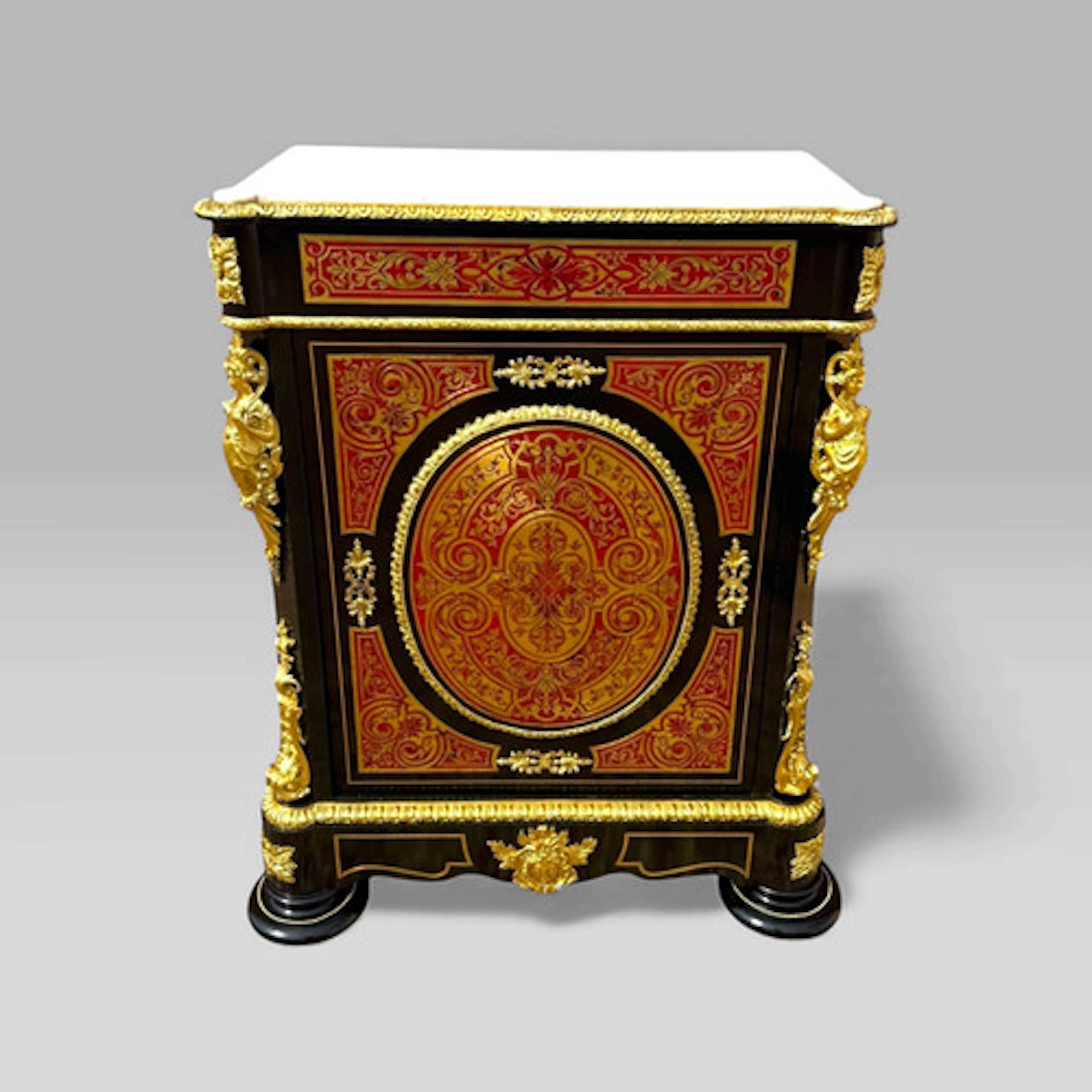 French Napoleon III Ebonised Brass & Tortoiseshell Boulle & Marble Pier Cabinet