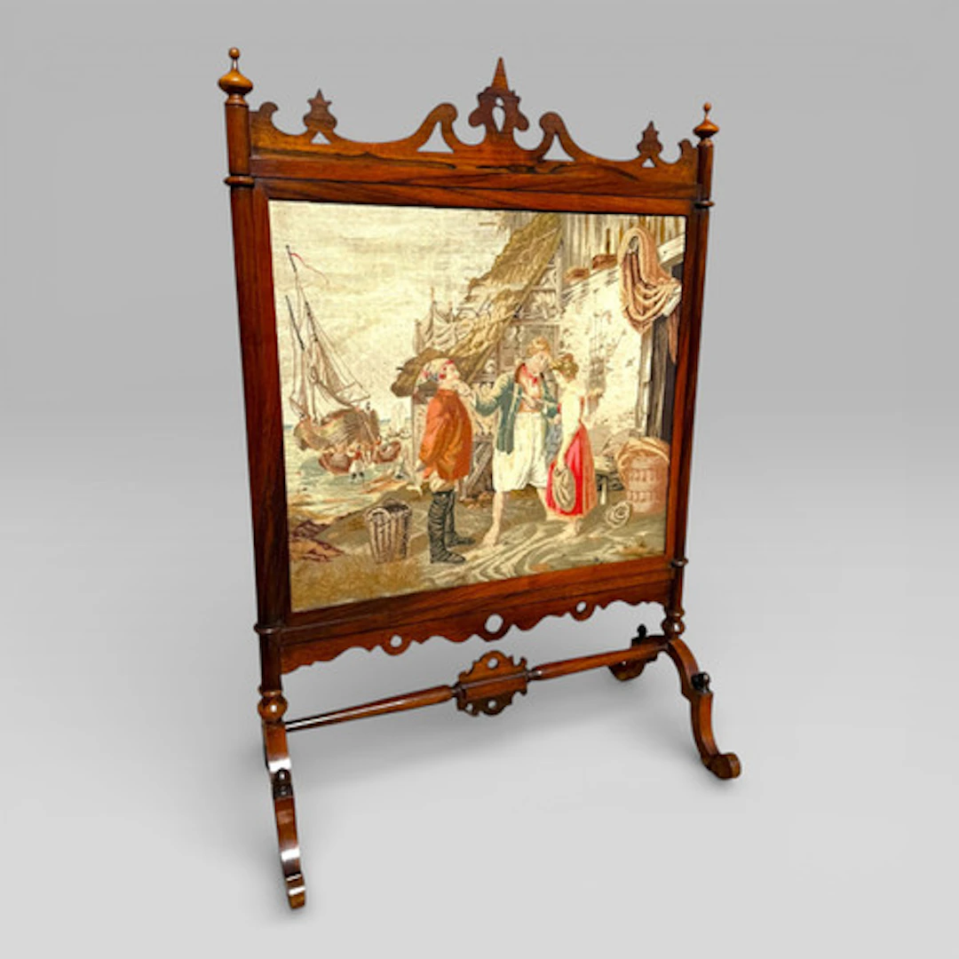Antique English Victorian Rosewood & Needlework Cheval Fire Screen
