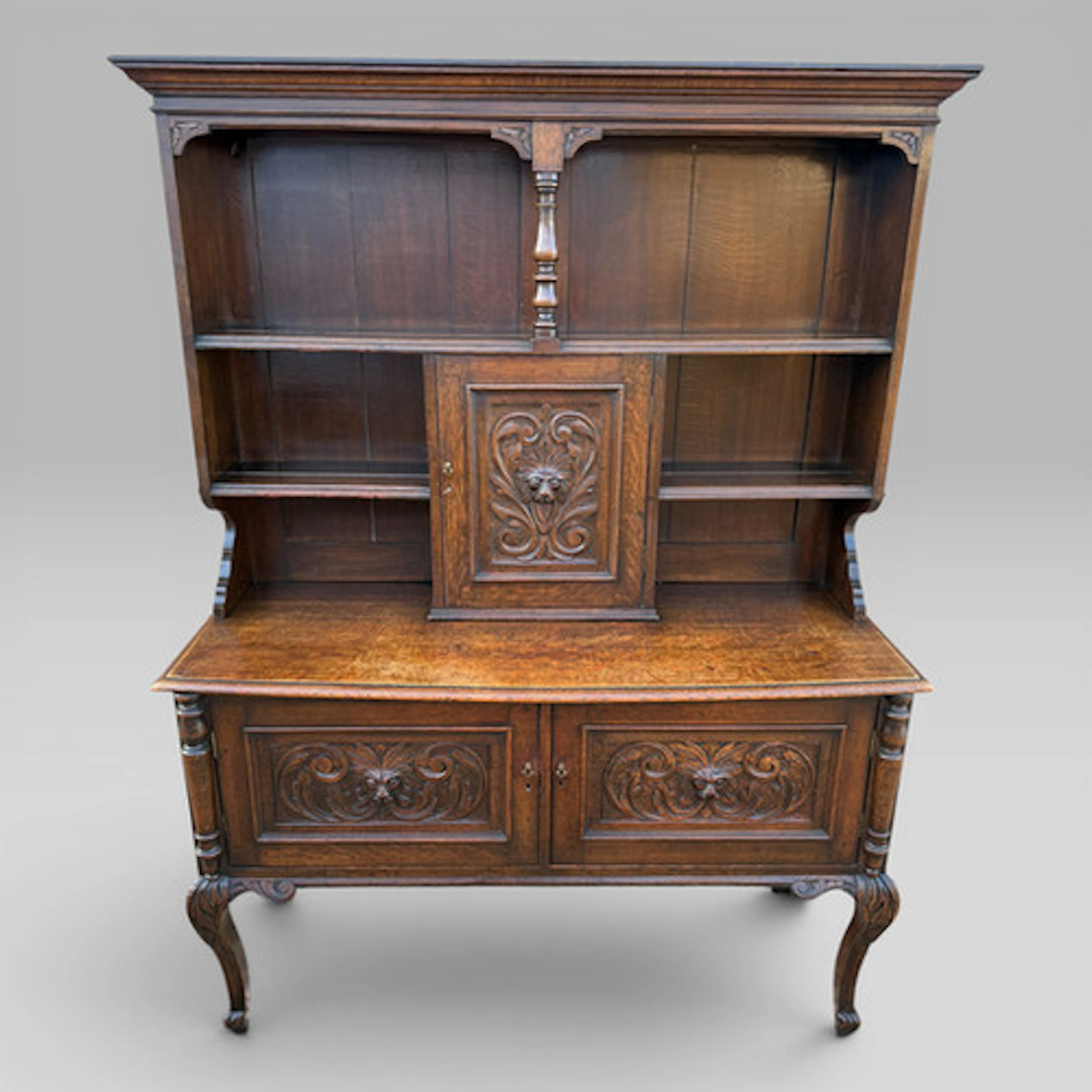 Late Victorian Oak Bowfront Dresser Green Man Carvings Cabriole Legs