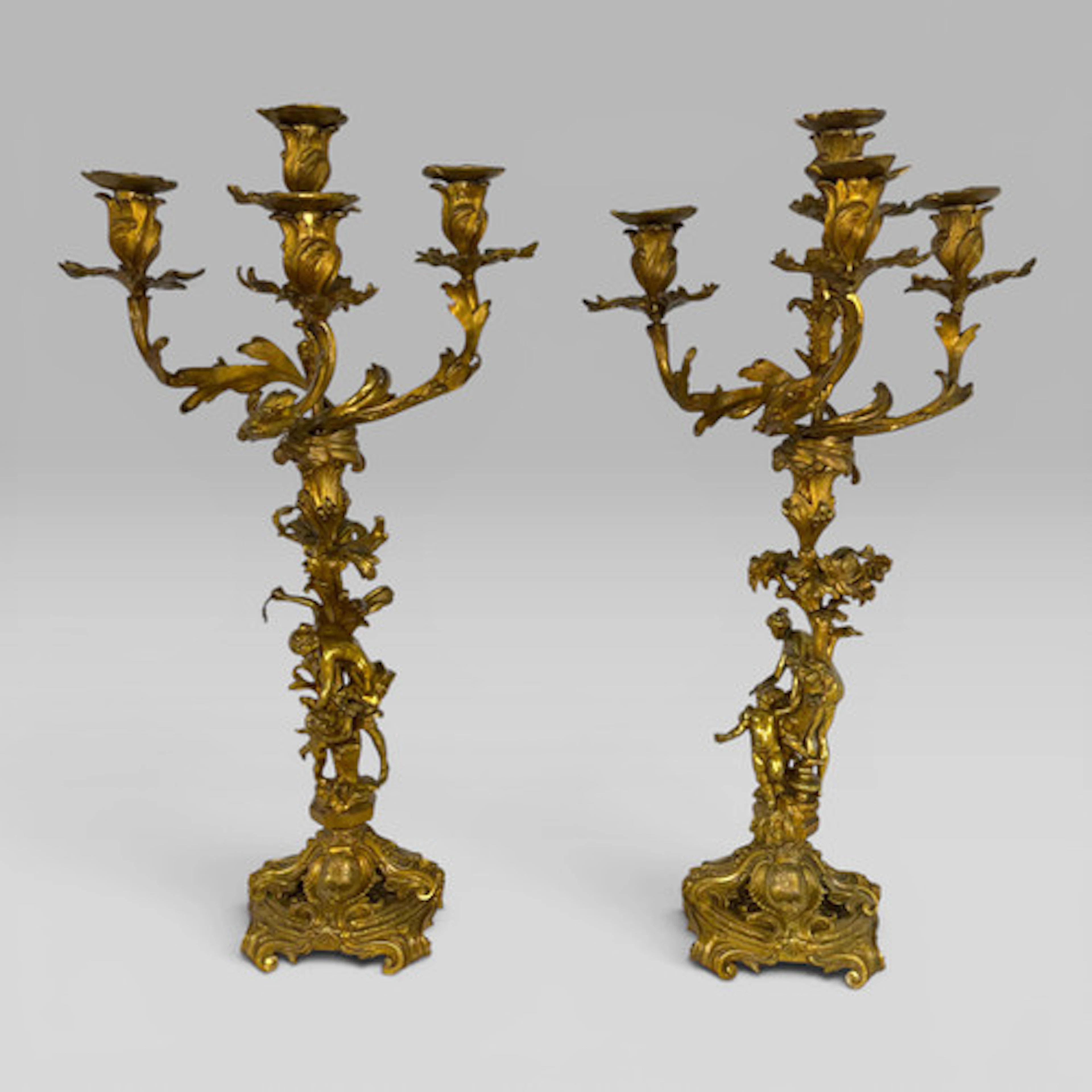 Pair of French Rococo Gilt Bronze Figural Candelabra, Late 19th Century