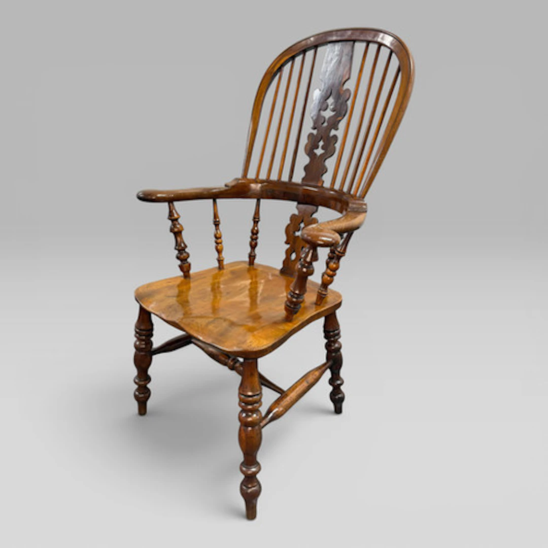 Mid-19th Century Victorian Yew Wood & Elm High-Back Windsor Armchair