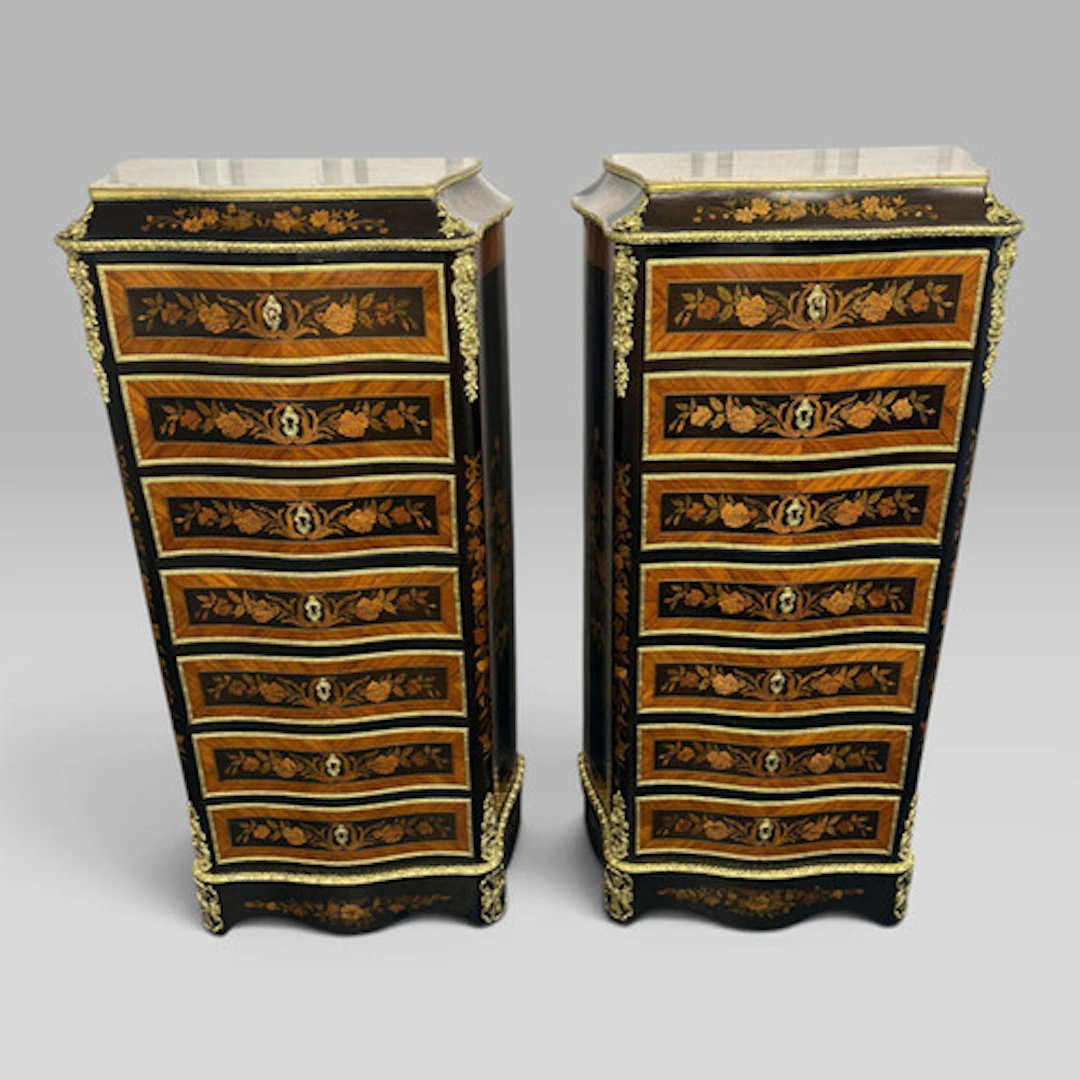 Pair of Napoleon III Serpentine Kingwood, Tulipwood & Marquetry Secretaire