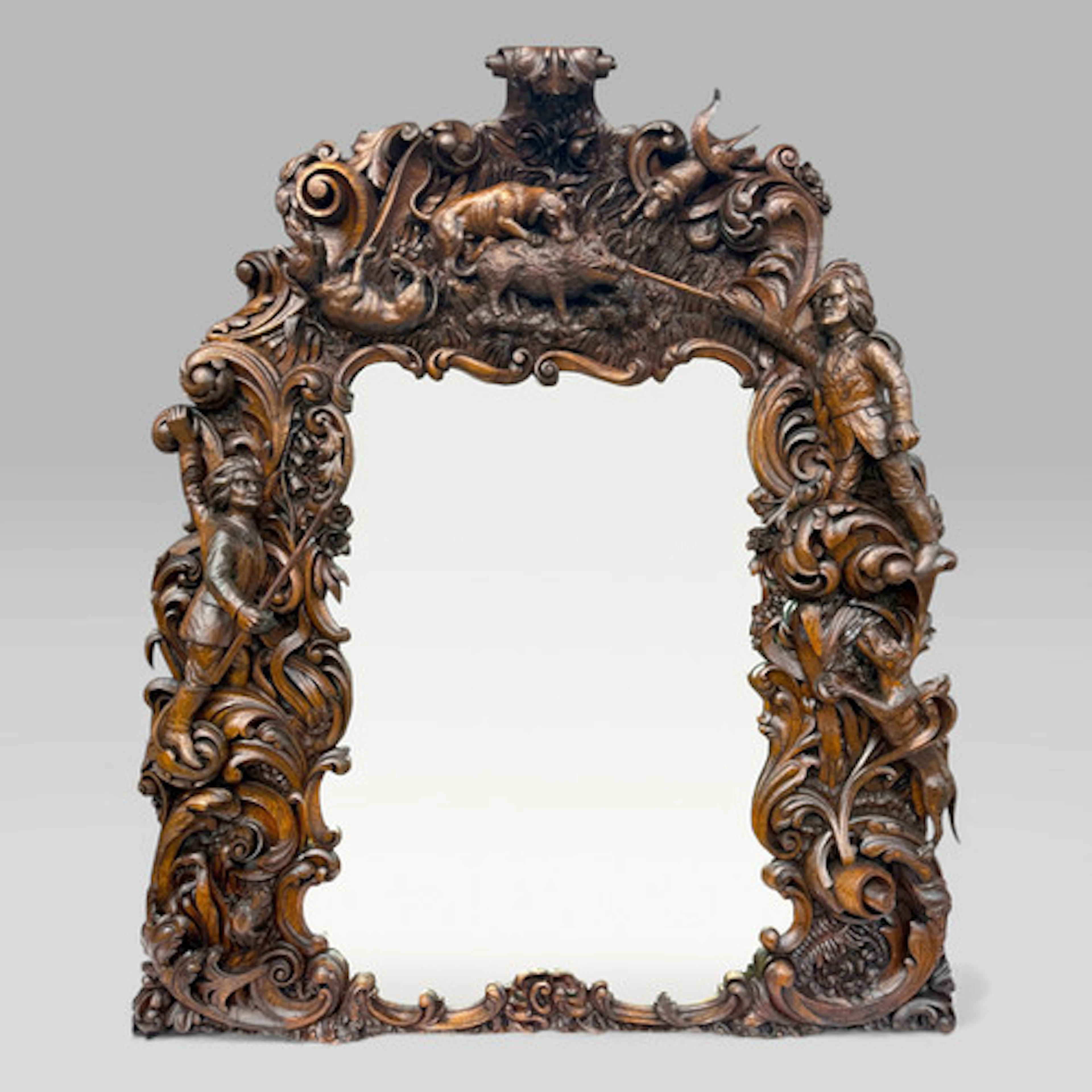 King Of Bavaria’s Large Carved Oak Hunting Lodge Overmantle Wall Mirror c1803