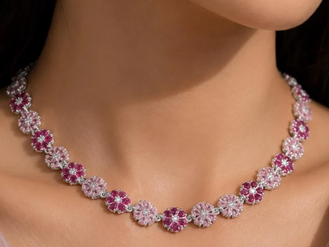 $1350, Silver(52.92g), cz flower designedNecklace