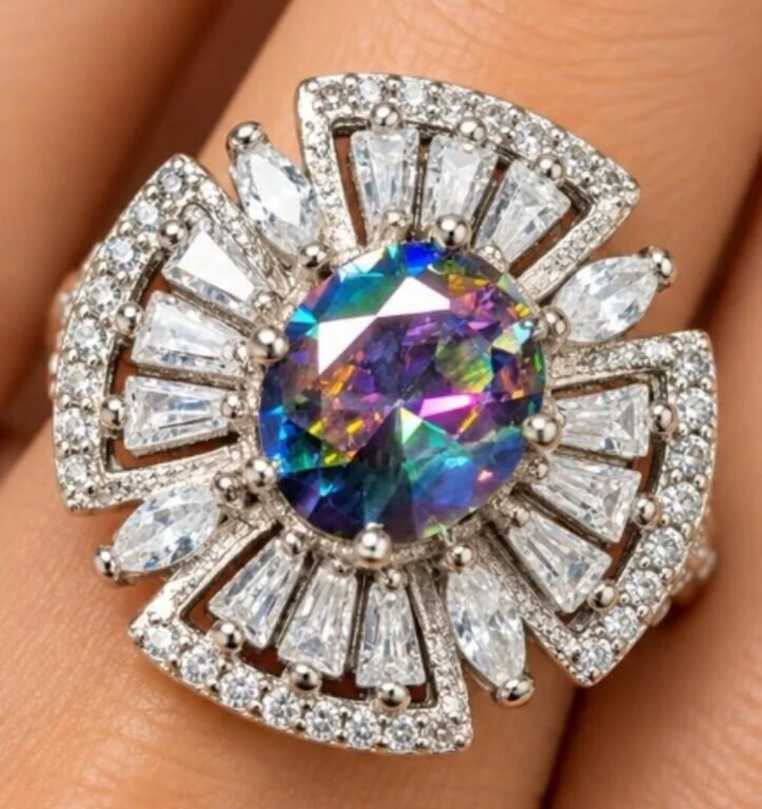 $330, silver(5.68g), mystic cz (2ct)ring, size 8