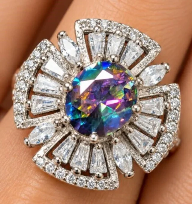 $330, silver(5.68g), mystic cz (2ct)ring, size 8