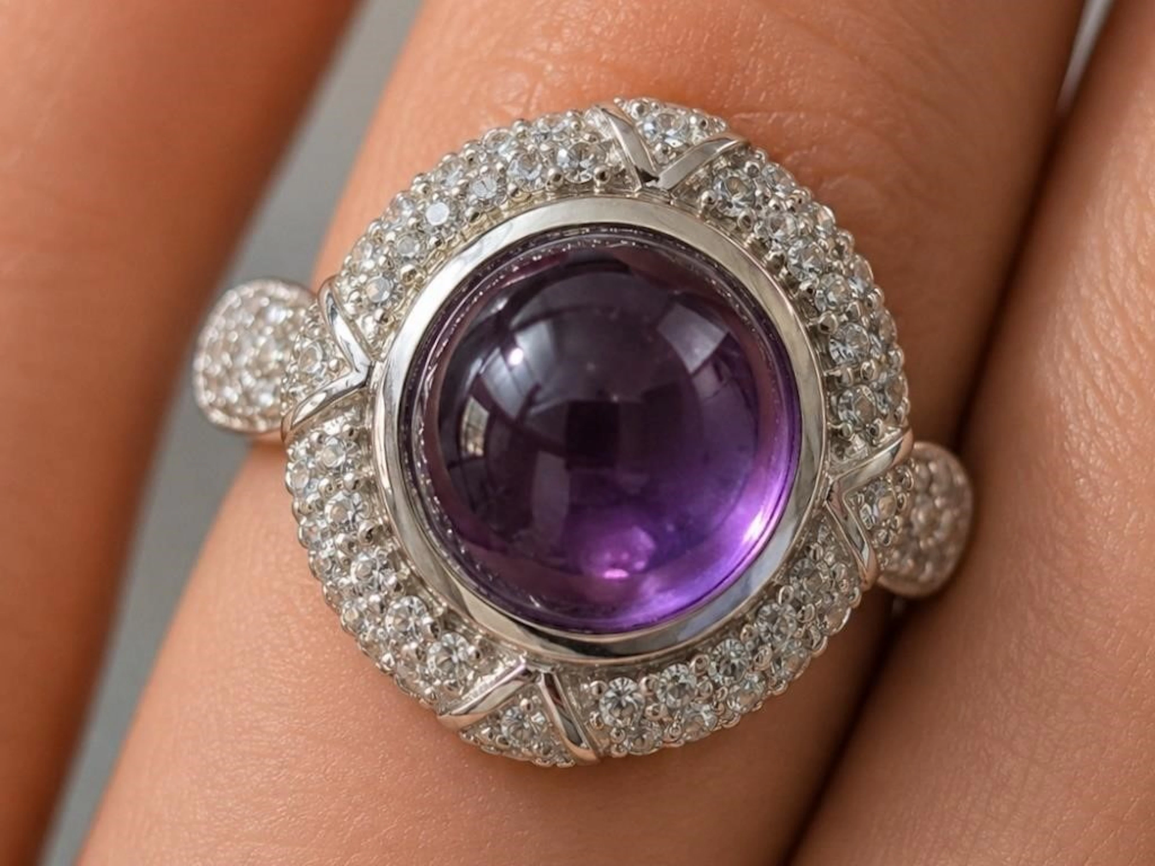 $290, Silver(11.15g), Amethyst&cz (7.2ct)Ring, siz