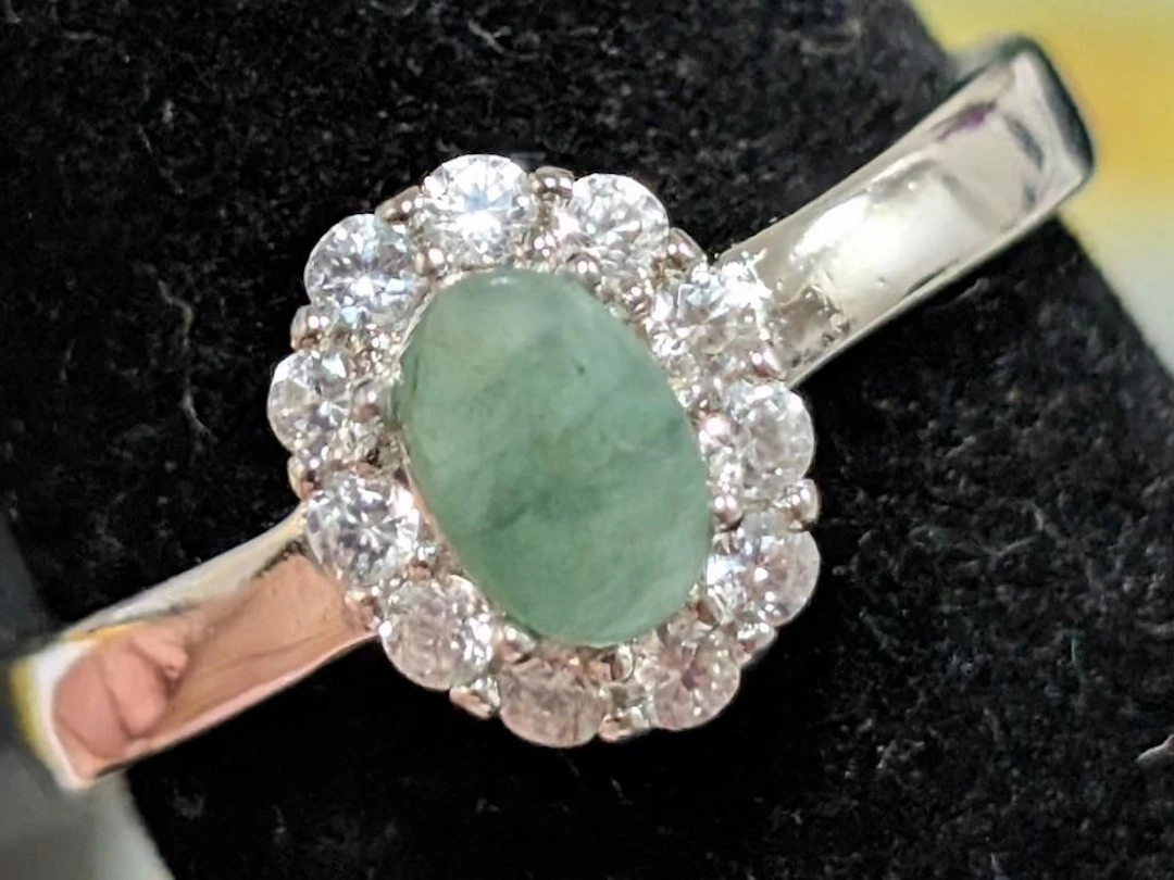 $110, Silver(3.45g), Emerald&cz (0.5ct)Ring, size