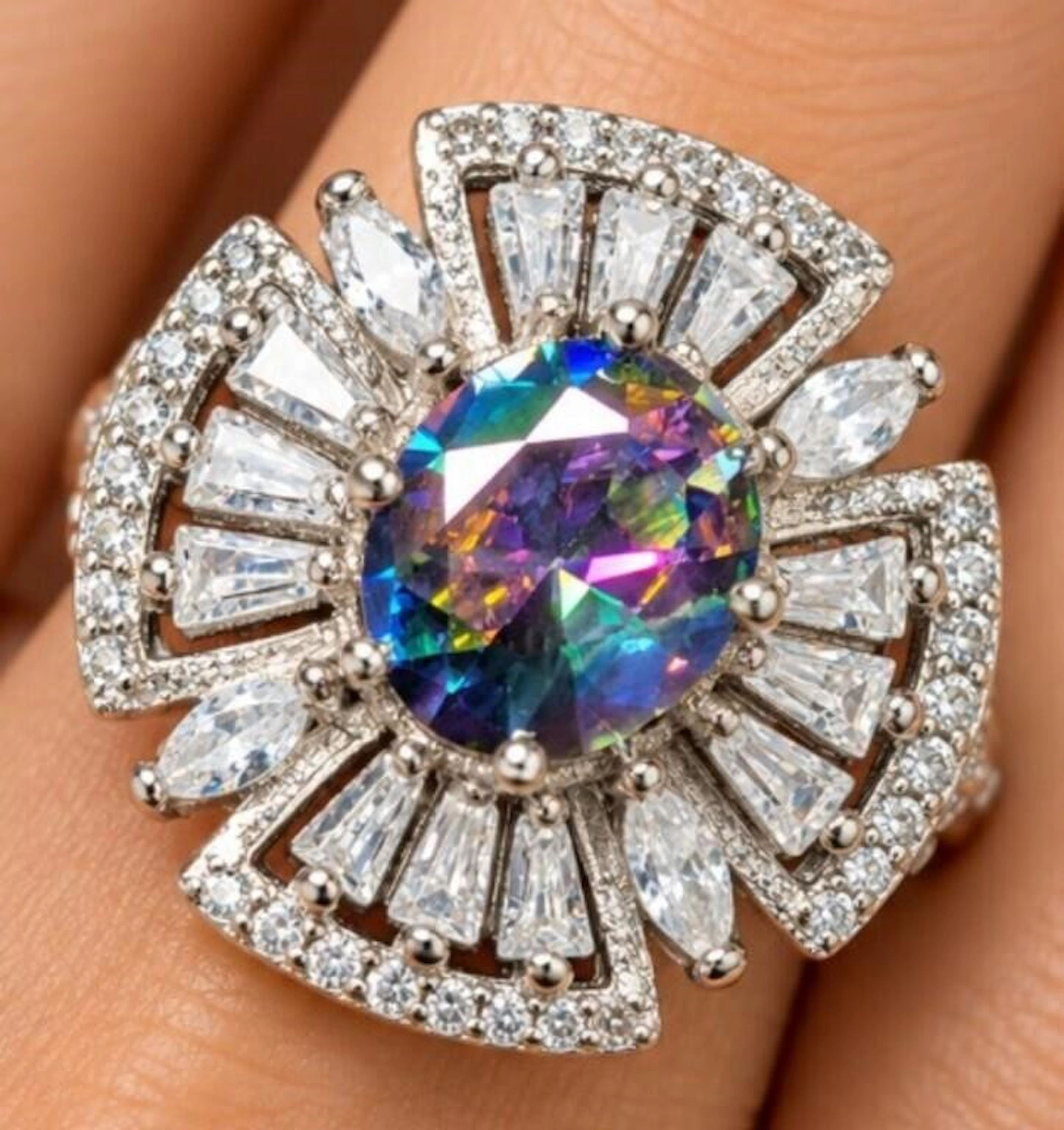 $330, silver(5.68g), mystic cz (2ct)ring, size 8
