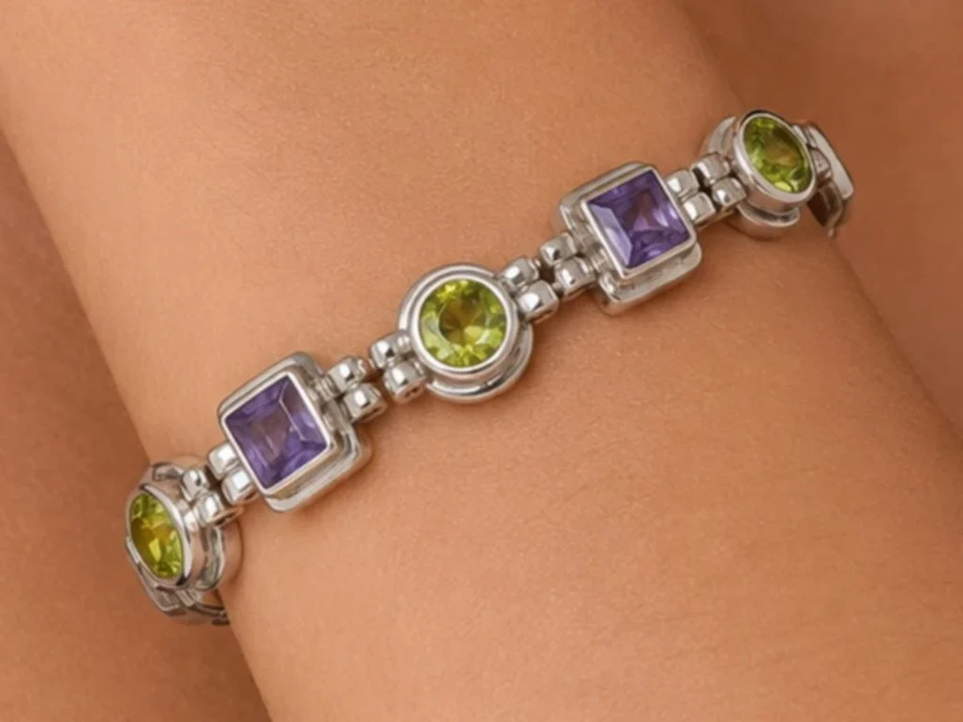 $870, Silver(28.99g), Amethyst&PeridotBracelet,8"