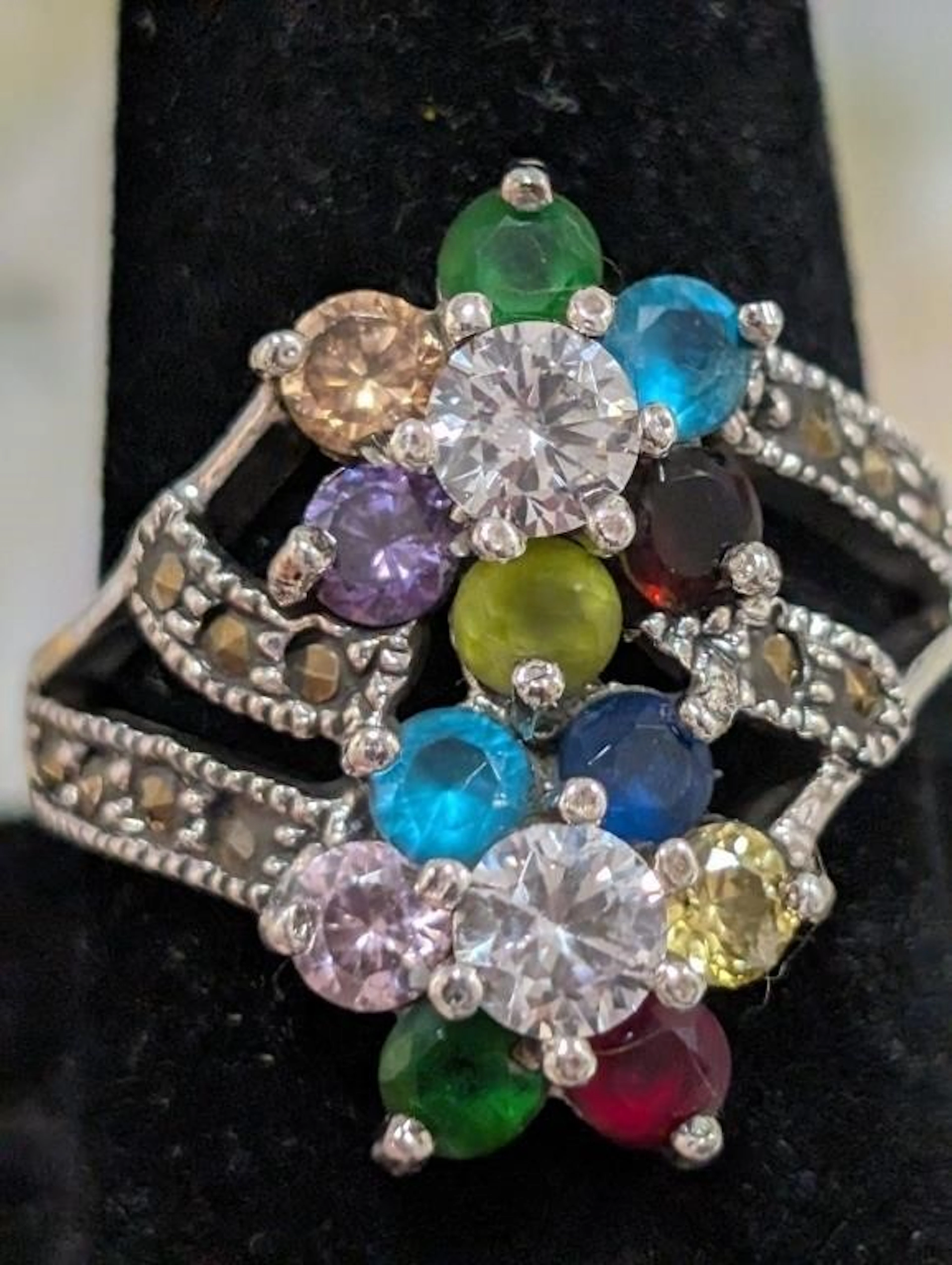 $175, Silver(6.87g), multi color cz & marcasiteRin