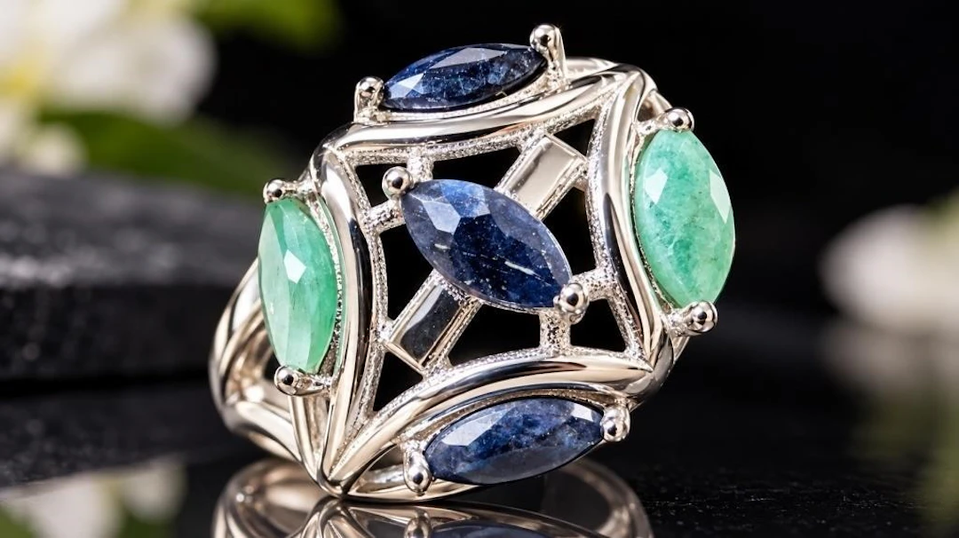 $145, Silver(4.69g), Emerald&SapphireRing, size 8