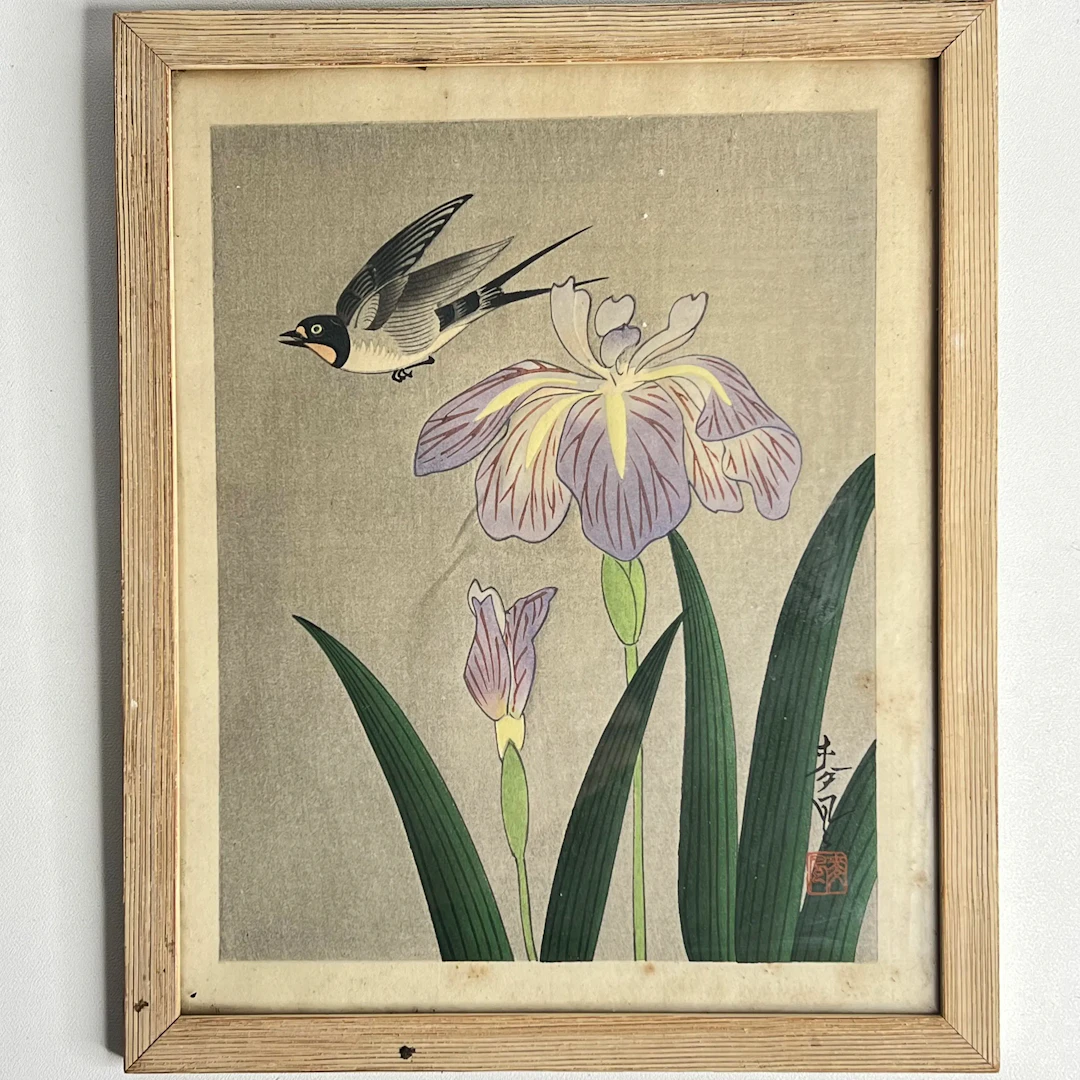 Ohno Bakufu (1888–1976) – Svala och iris, Japanskt träsnitt
