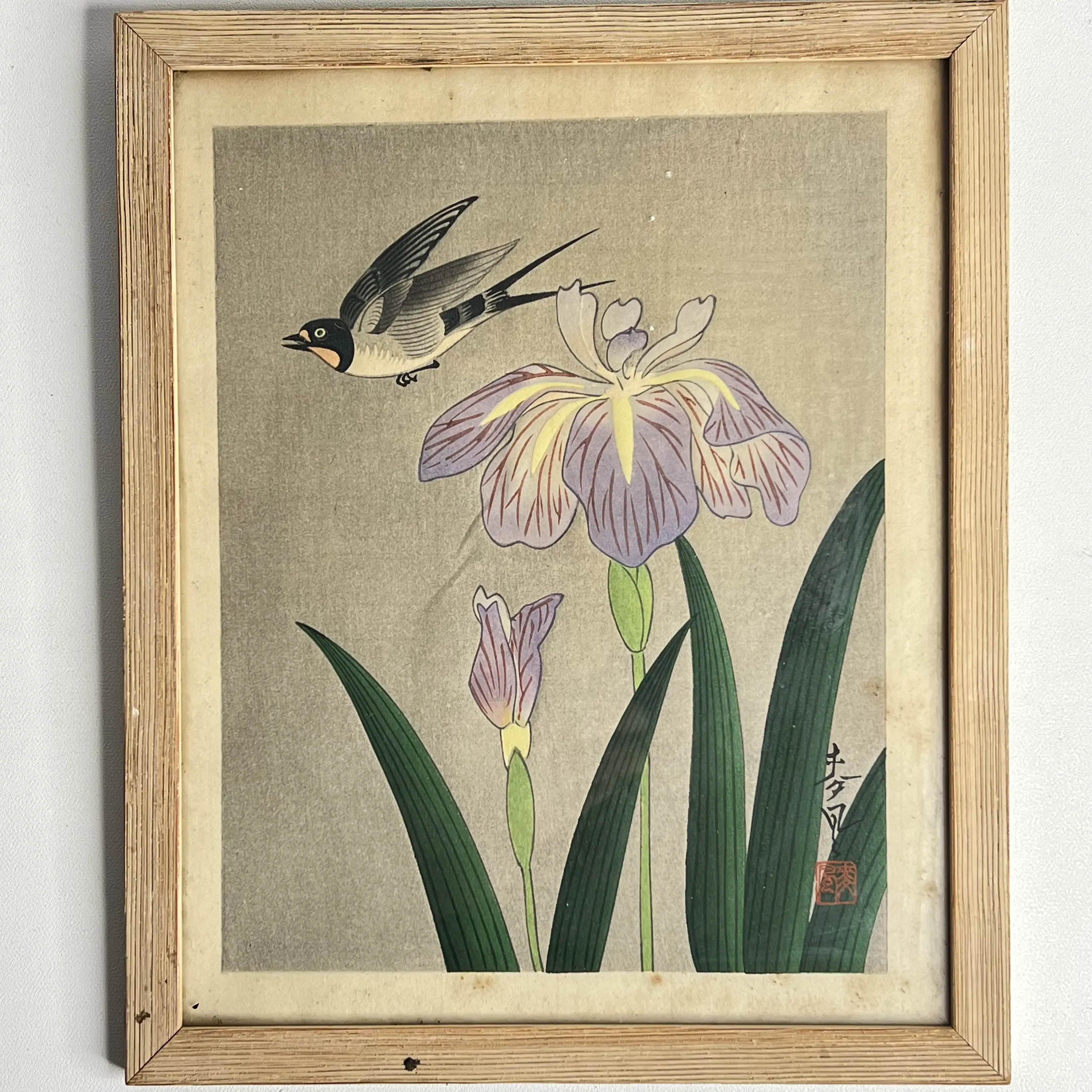 Ohno Bakufu (1888–1976) – Svala och iris, Japanskt träsnitt
