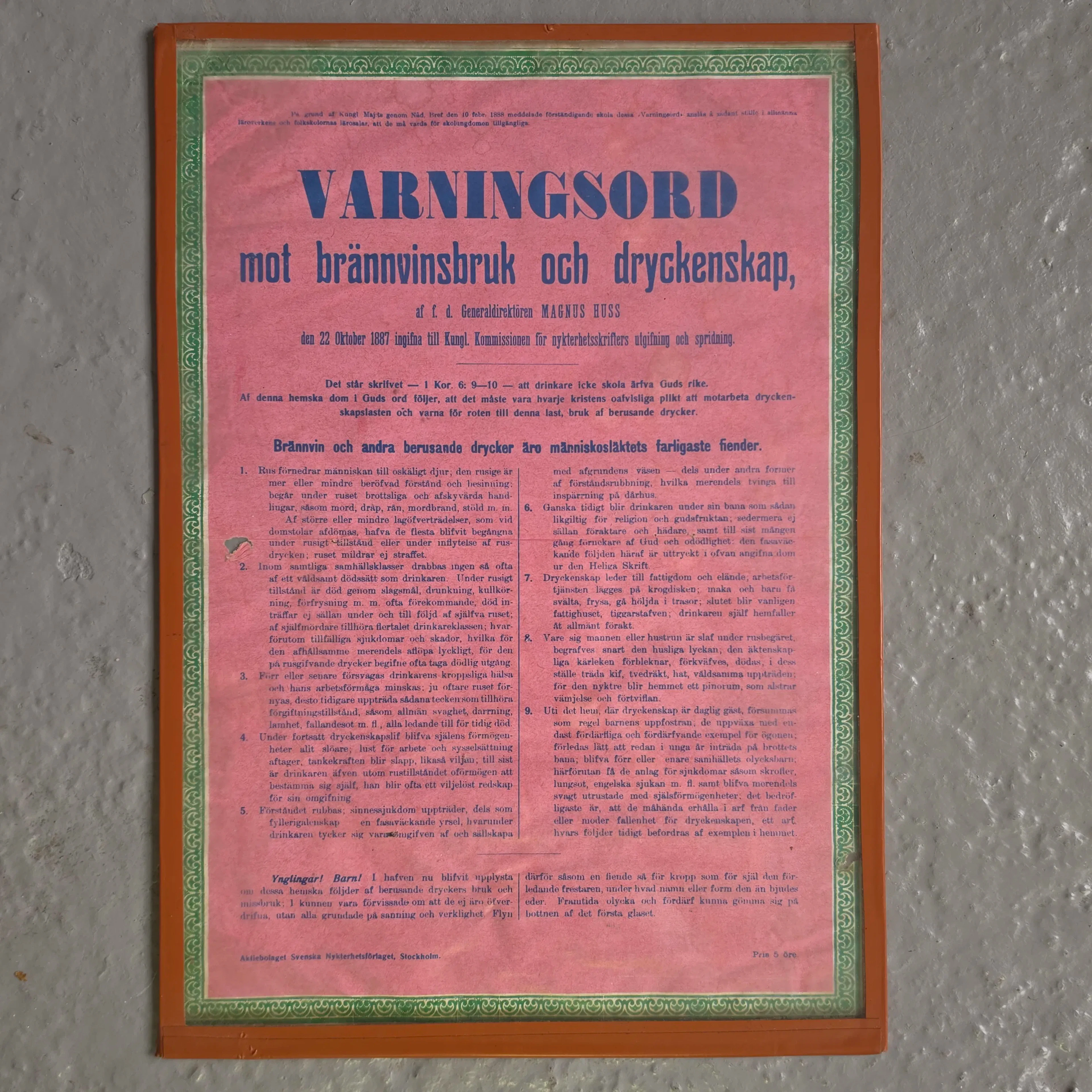 Nykterhetsaffisch (1887) – Magnus Huss "Varningsord mot brännvinsbruk"