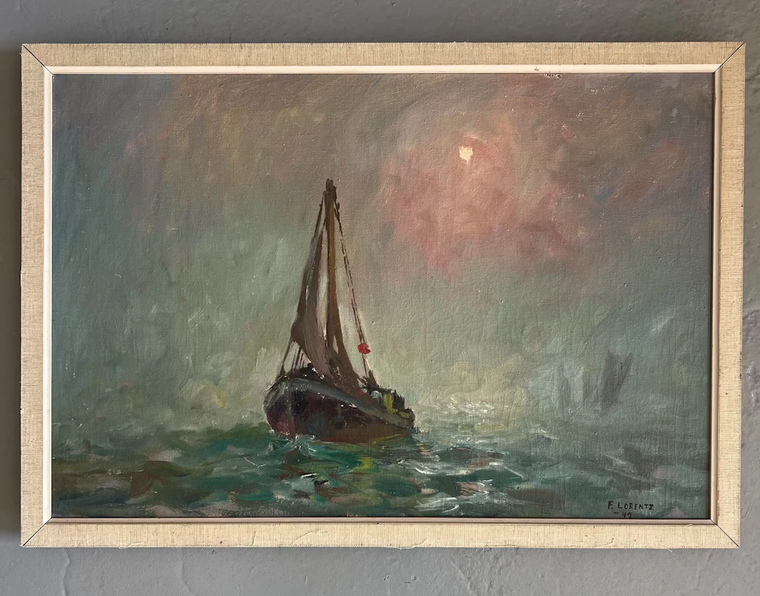 Målning / Olja: Marint motiv med fartyg – Frans Lorentz, 1944