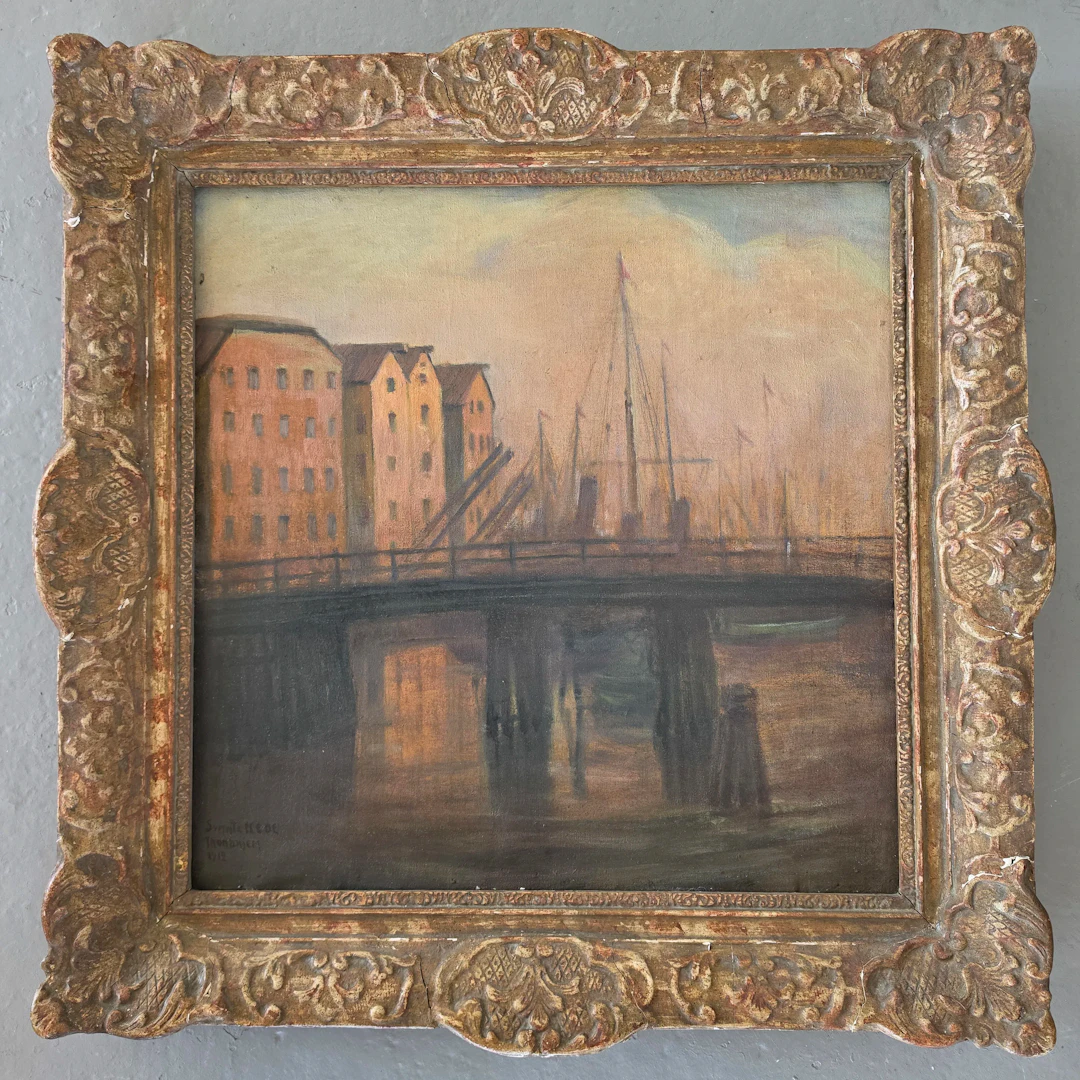 SVANTE KEDE (1877–1955): Olja på duk "Trondhjem" (1912) – Hamnmotiv