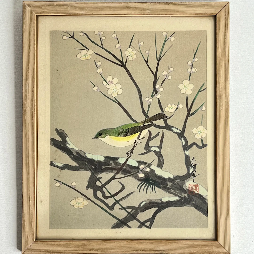 Ohno Bakufu (1888–1976) – Fågel på blommande kvist, Japanskt träsniti
