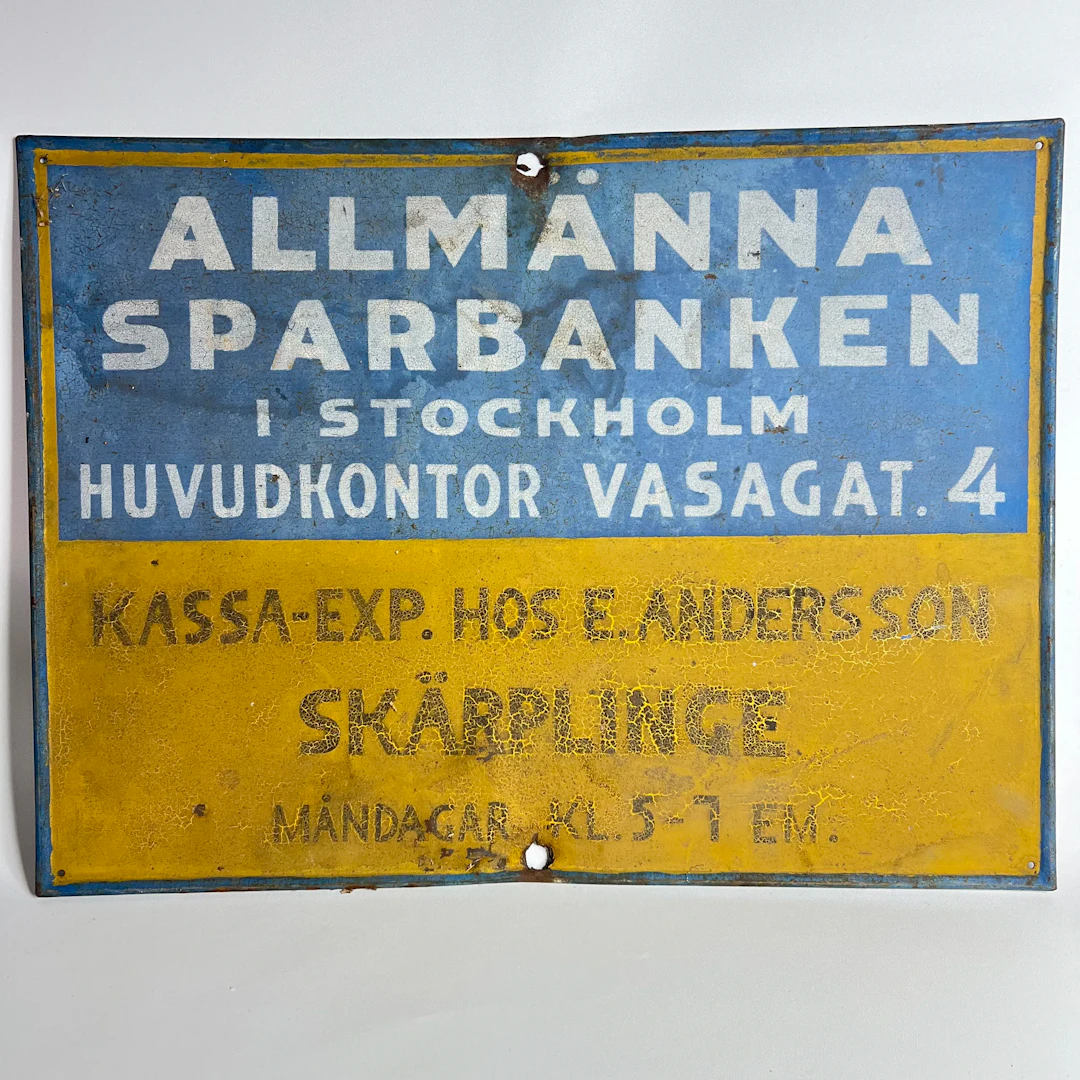 Antik skylt – Allmänna Sparbanken i Stockholm / Skärplinge (Sällsynt