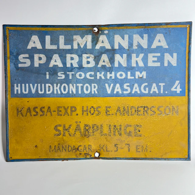Antik skylt – Allmänna Sparbanken i Stockholm / Skärplinge (Sällsynt