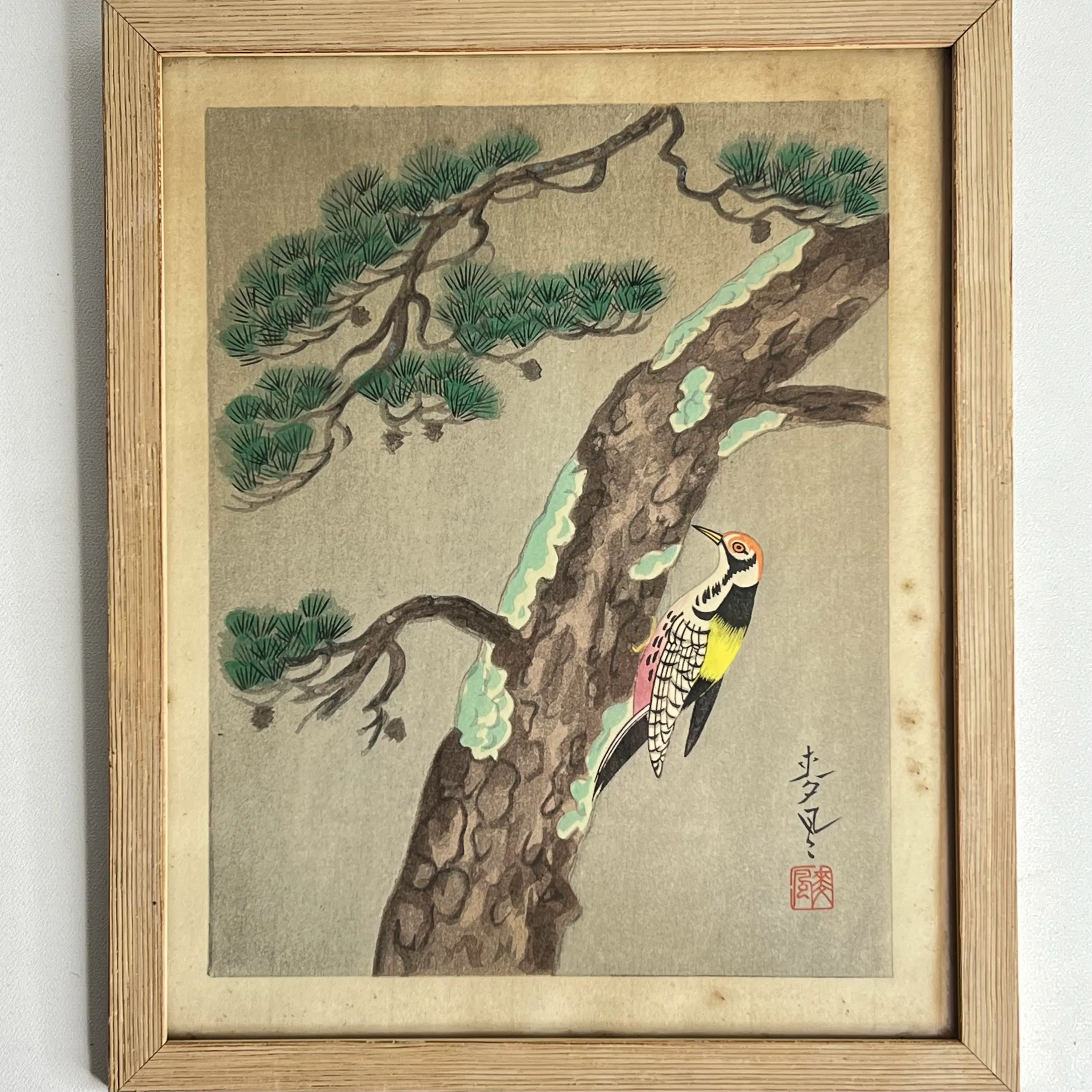 Ohno Bakufu (1888–1976) – Hackspett på tall, Japanskt träsnitt på papper