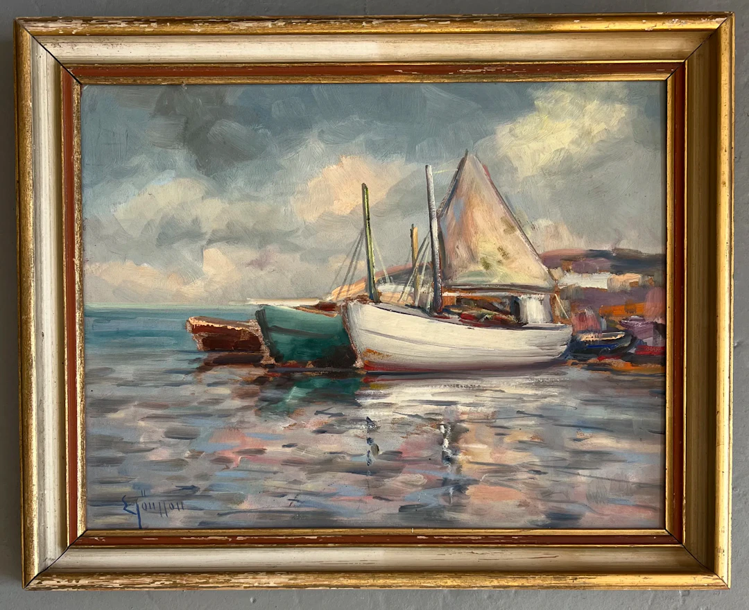 Målning / Olja: Marint motiv med båtar – Erik Jönsson (1893–1950)