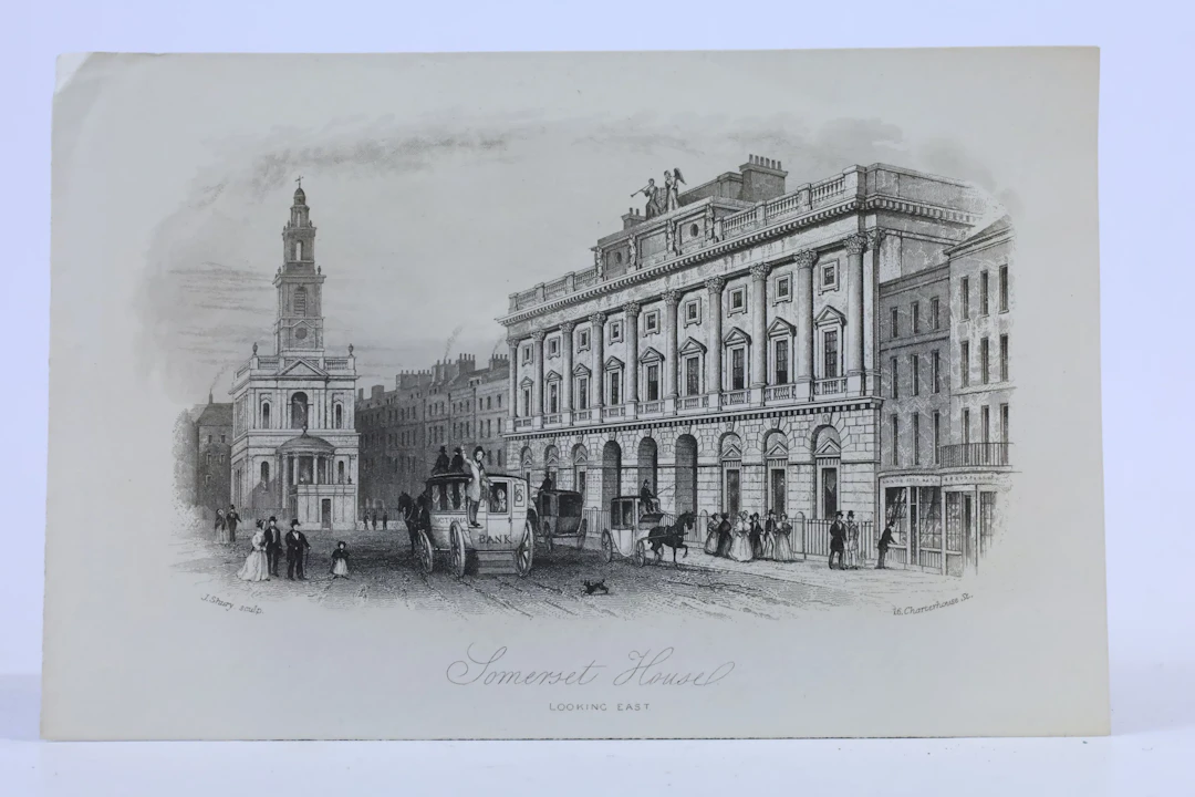 SOMERSET HOUSE OCH ST MARY-LE-STRAND, LONDON, STÅLSTICK AV JOHN SHURY