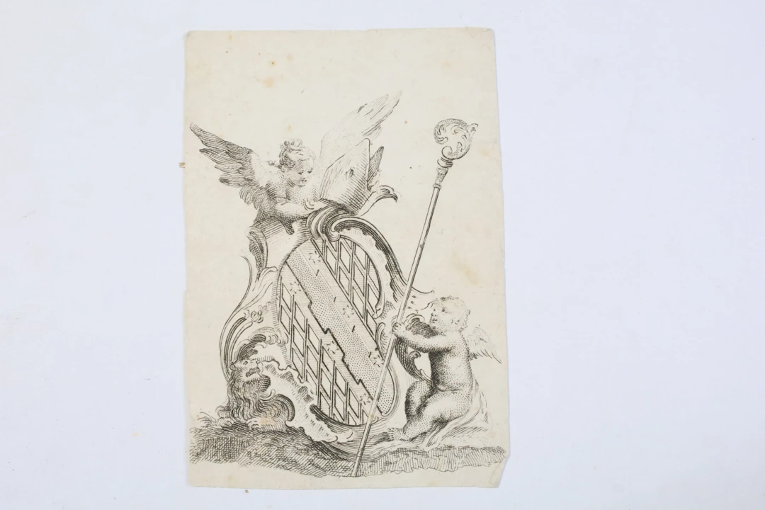 TYSKLAND, BAYERN, HERALDISKT VAPEN MED PUTTI OCH KRÄKLA, KOPPARSTICK, 1700-TAL