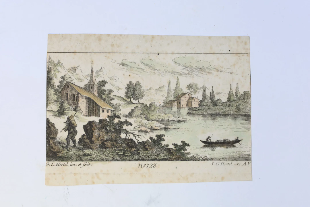 TYSKLAND – GEORG LEOPOLD HERTEL, LANDSKAP MED VATTENKVARN, HANDKOLORERAT