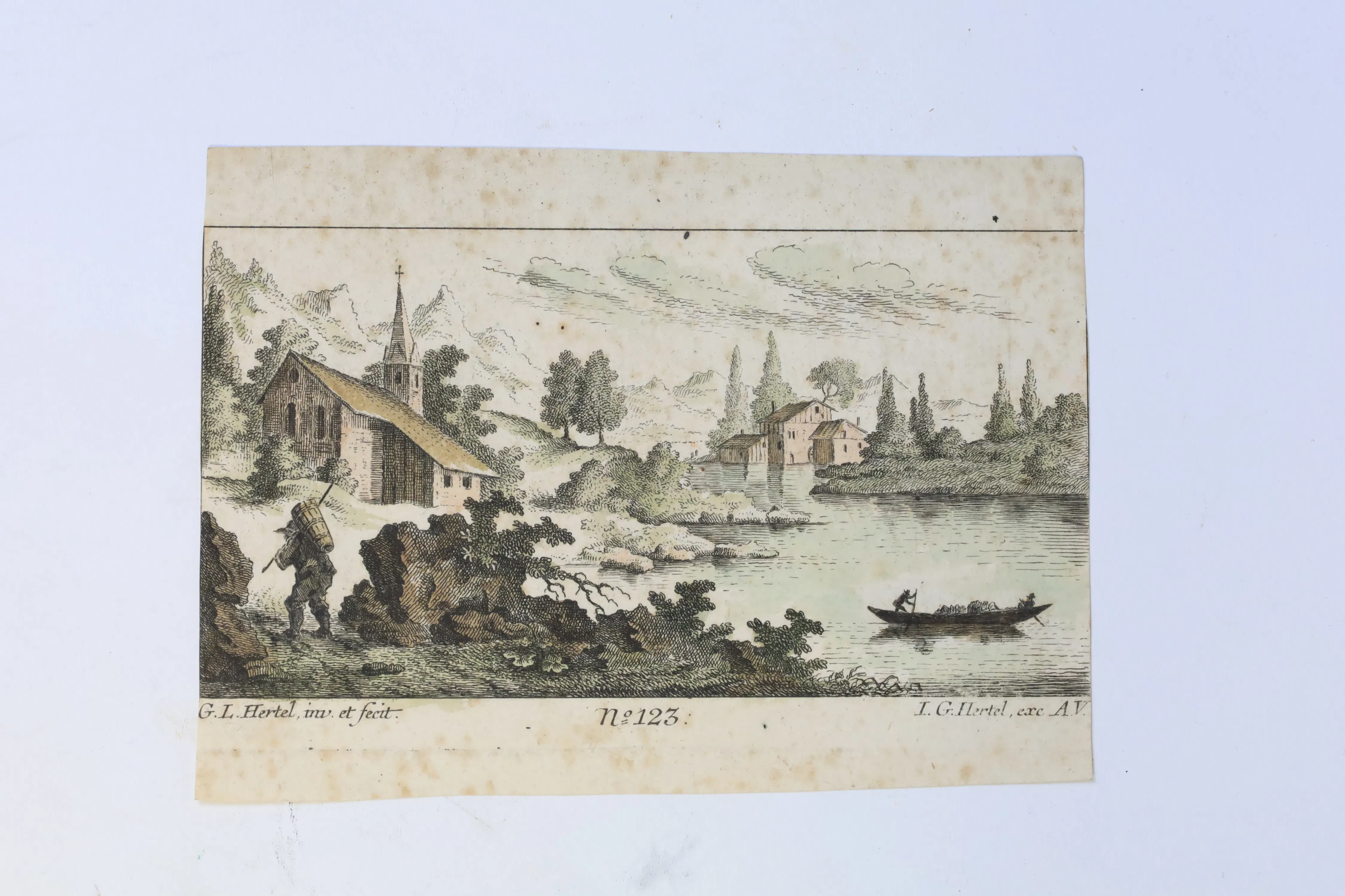TYSKLAND – GEORG LEOPOLD HERTEL, LANDSKAP MED VATTENKVARN, HANDKOLORERAT