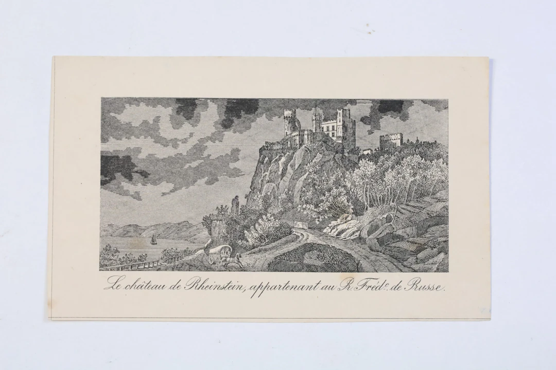 TYSKLAND, SLOTTET RHEINSTEIN VID RHEN, TOPOGRAFISKT STICK, 1800-TALETS