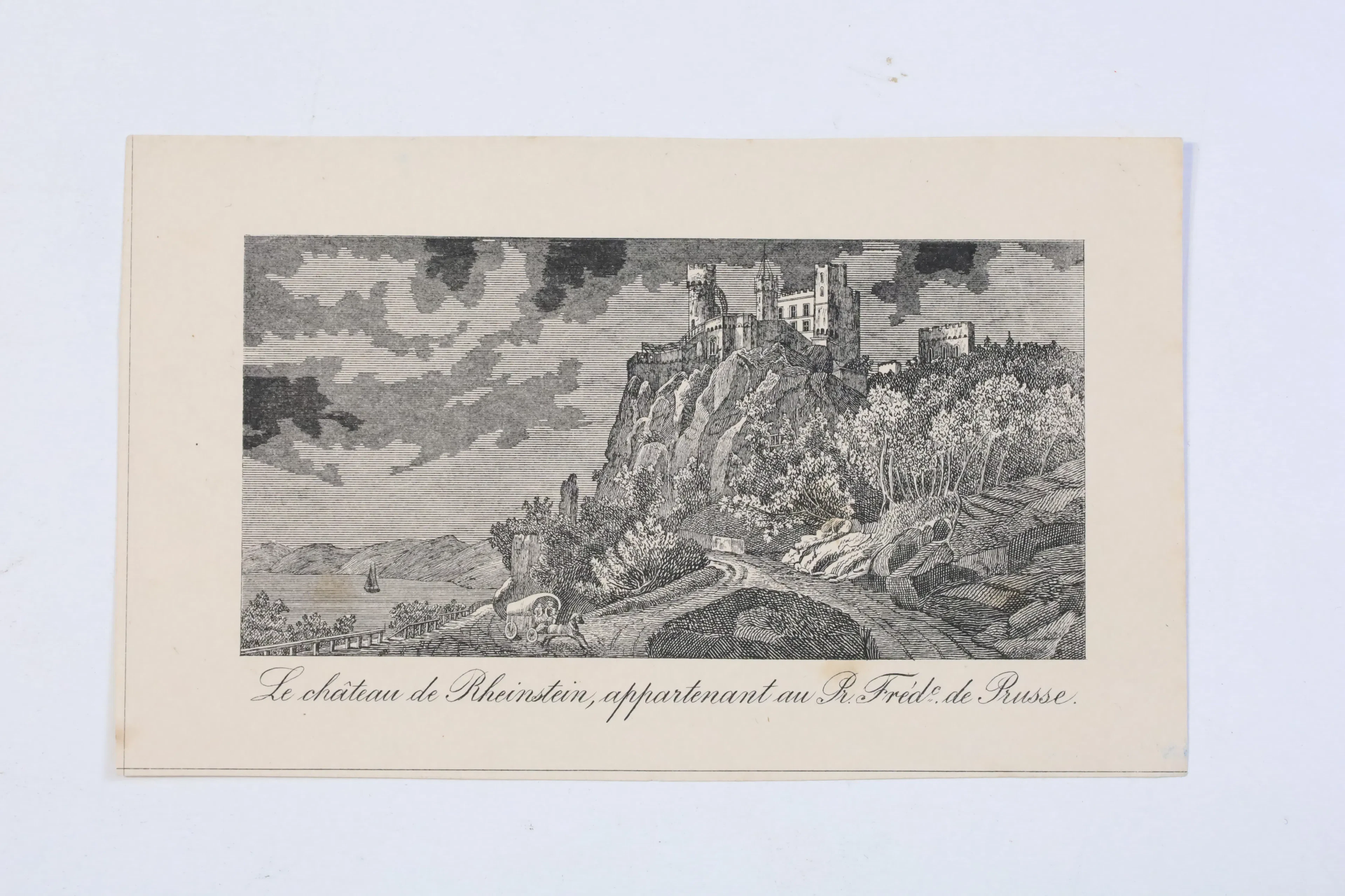 TYSKLAND, SLOTTET RHEINSTEIN VID RHEN, TOPOGRAFISKT STICK, 1800-TALETS