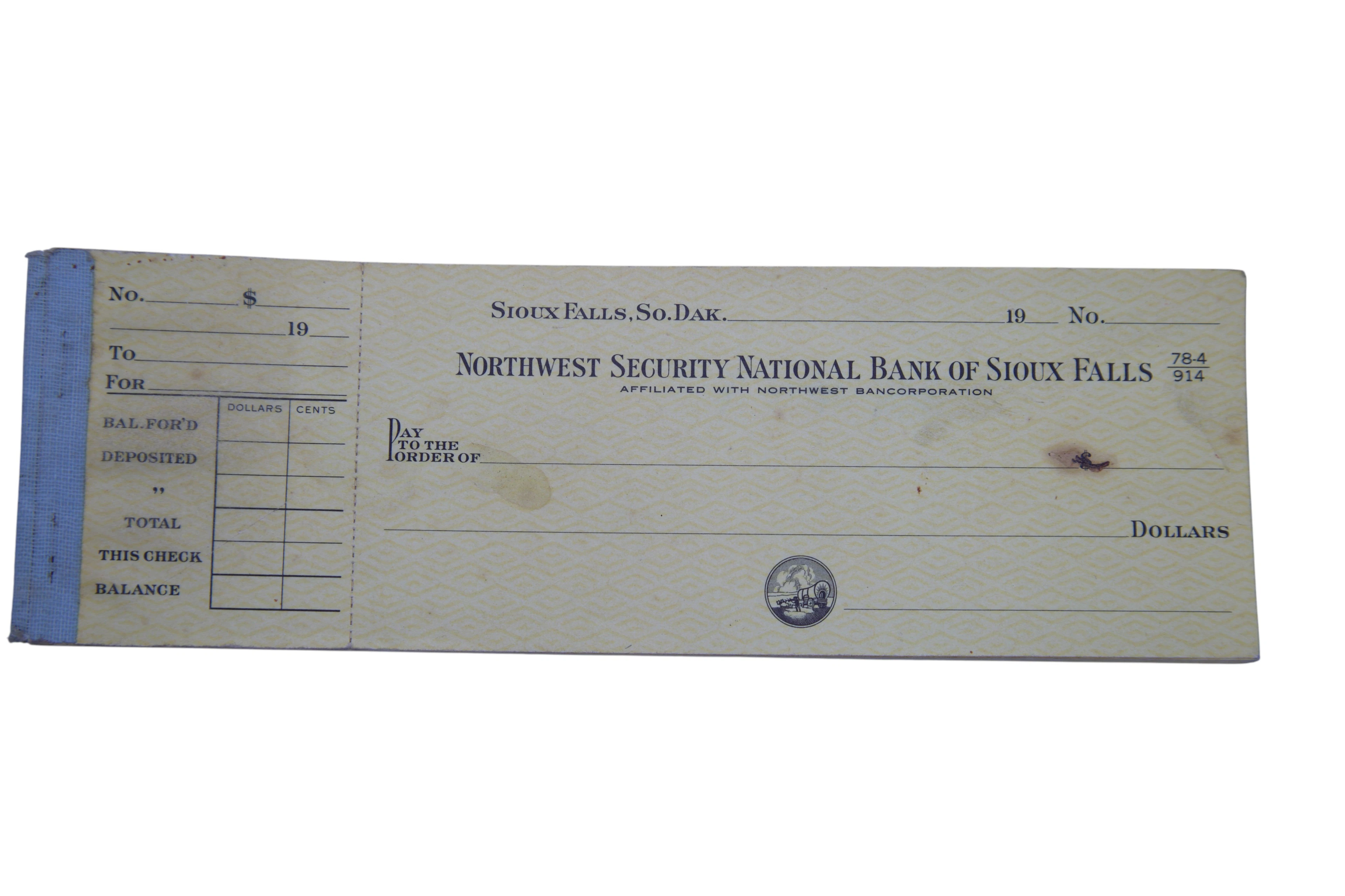 Vintage bank check Northwest National bank of Sioux falls.