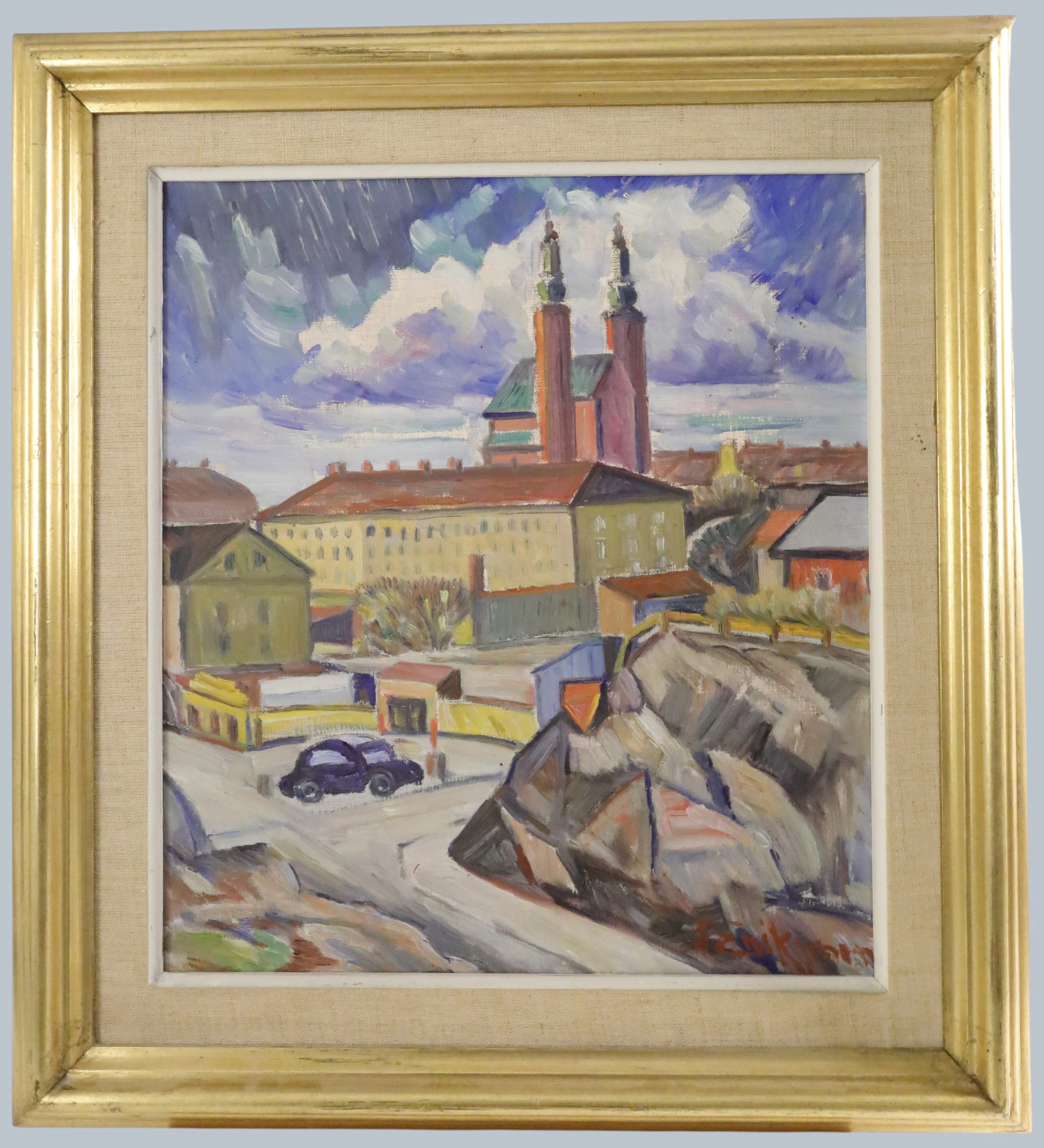 STADSVY MED KYRKA, olja på duk, signerad (svårtydd), troligen 1930-tal.